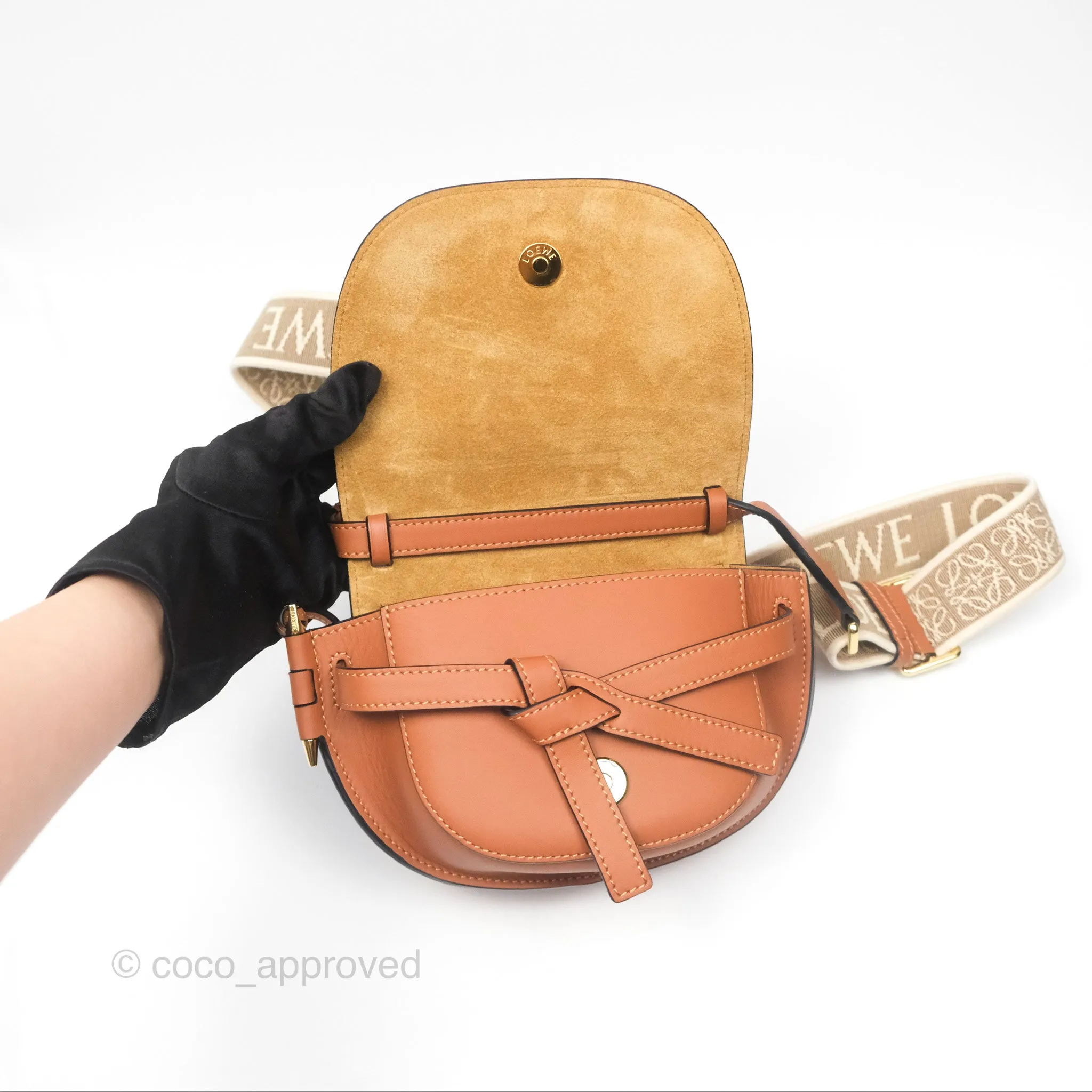 Loewe Mini Gate Dual Bag in Soft Calfskin & Jacquard Strap Tan