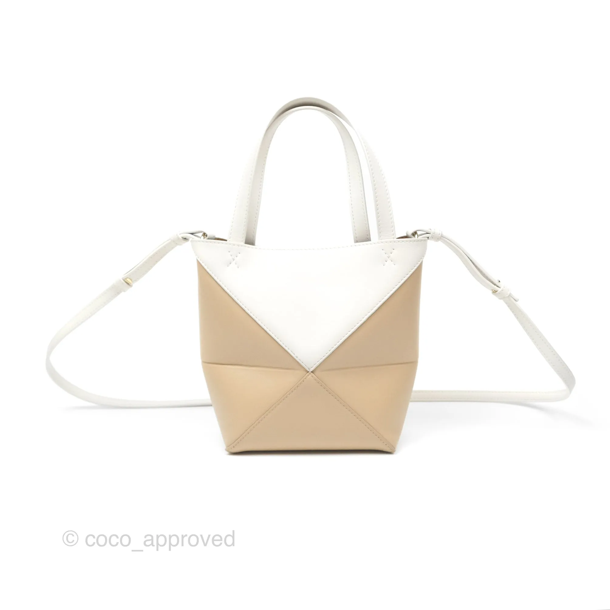 Loewe Mini Puzzle Fold Tote In Shiny Calfskin Soft White/ Paper Craft