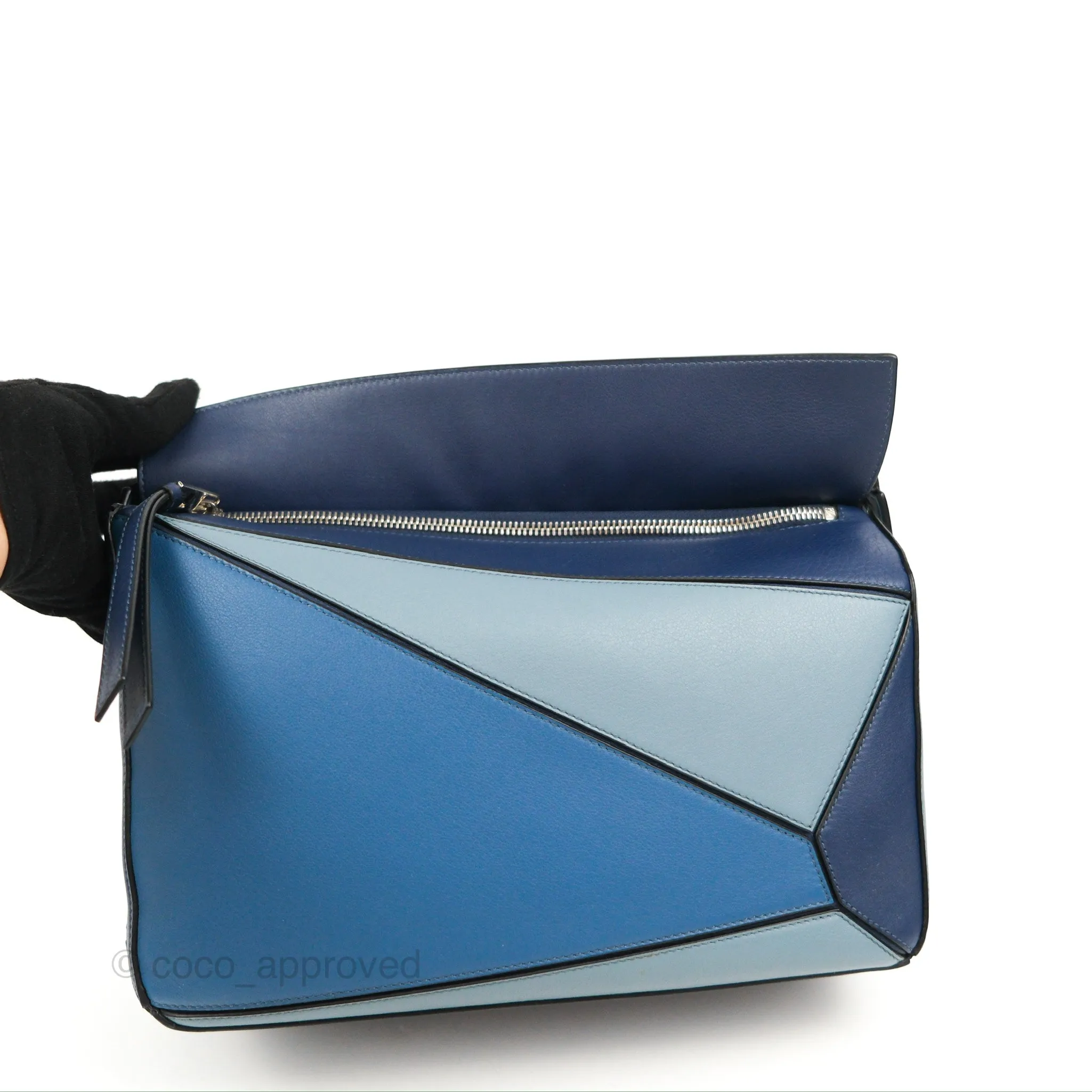 Loewe Puzzle Medium Blue Aqua Calfskin Silver Hardware