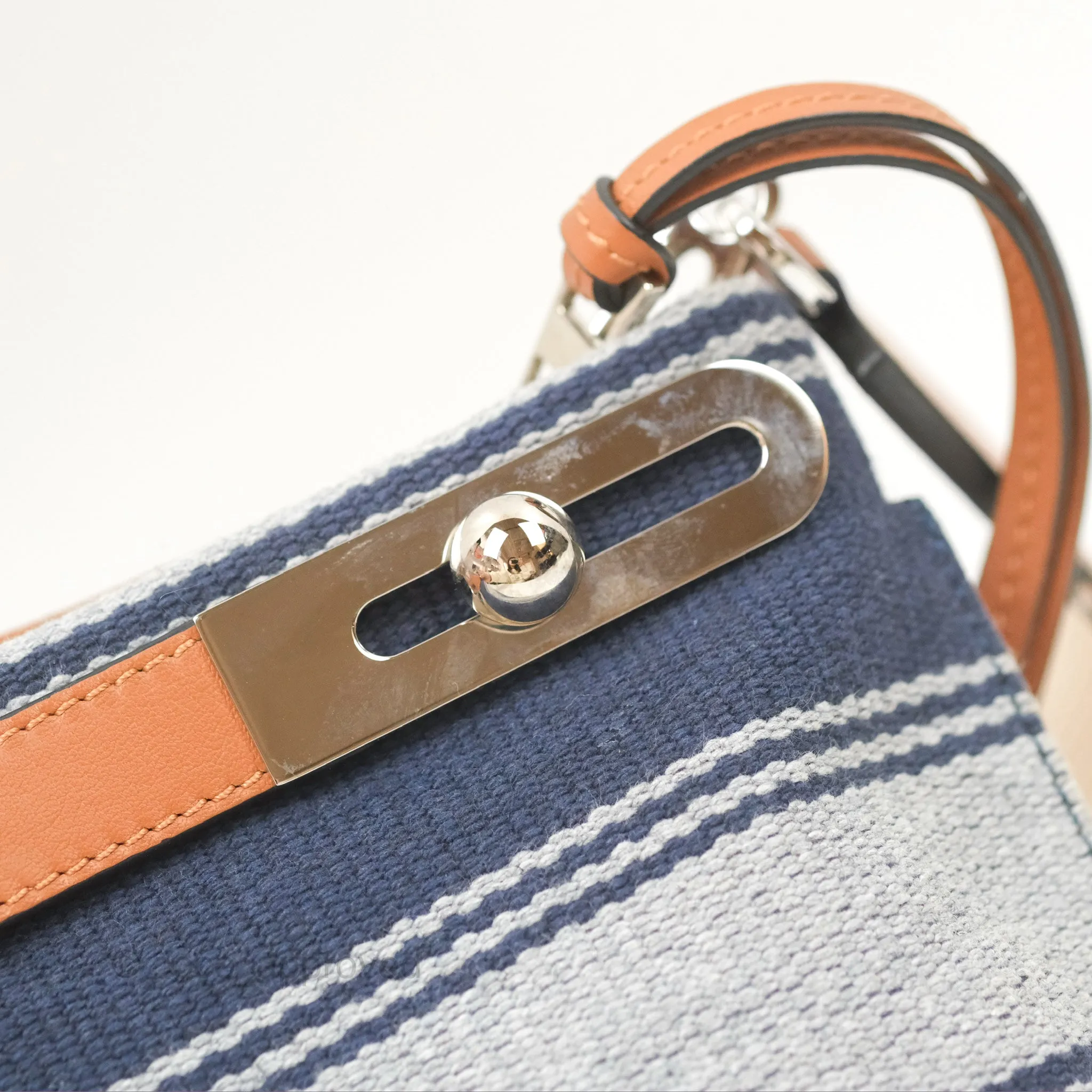 Loewe Small Missy Bag Striped Blue Grey Canvas Tan Leather