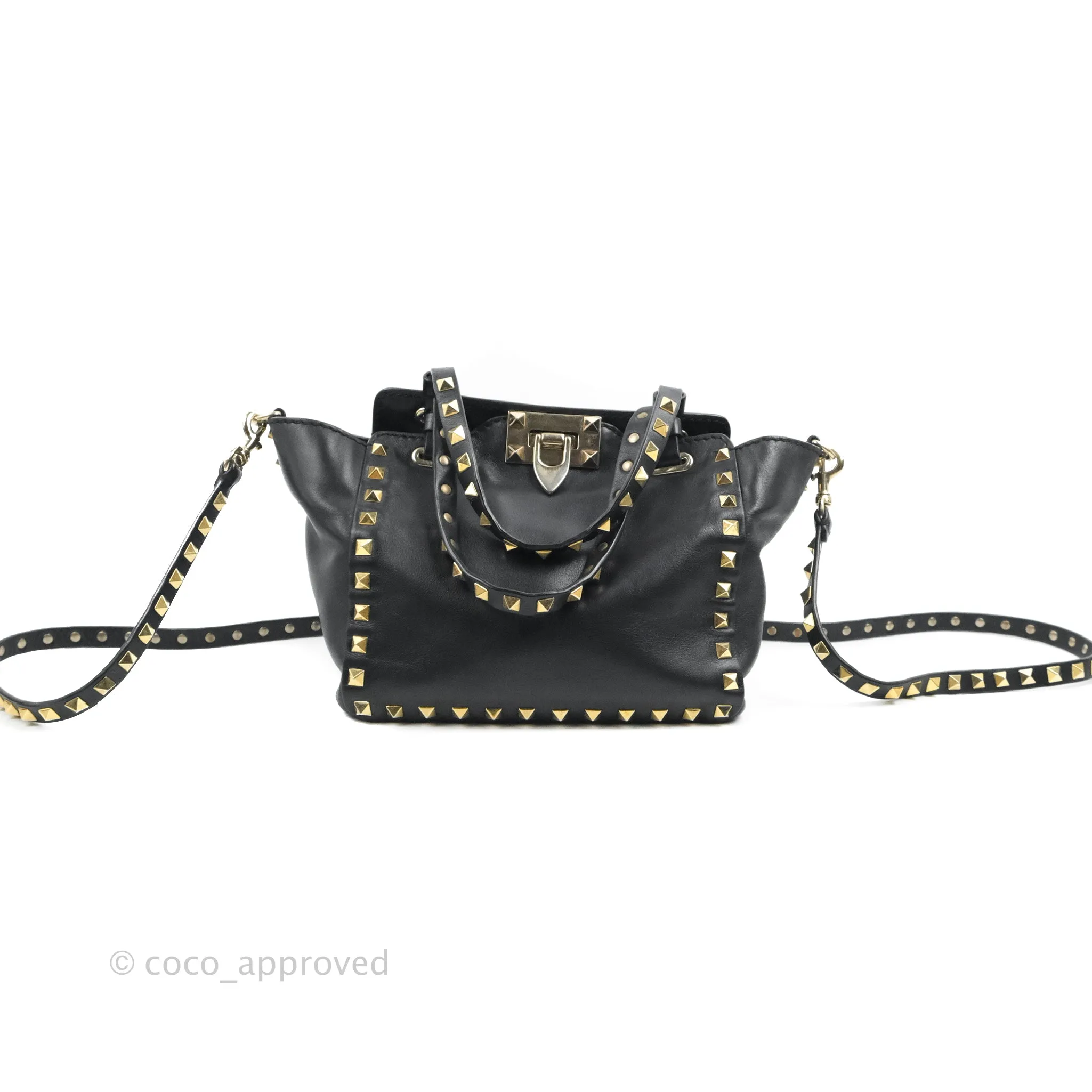 Valentino Garavani Mini Trapeze Rockstud Black Grained Calfskin Gold Hardware