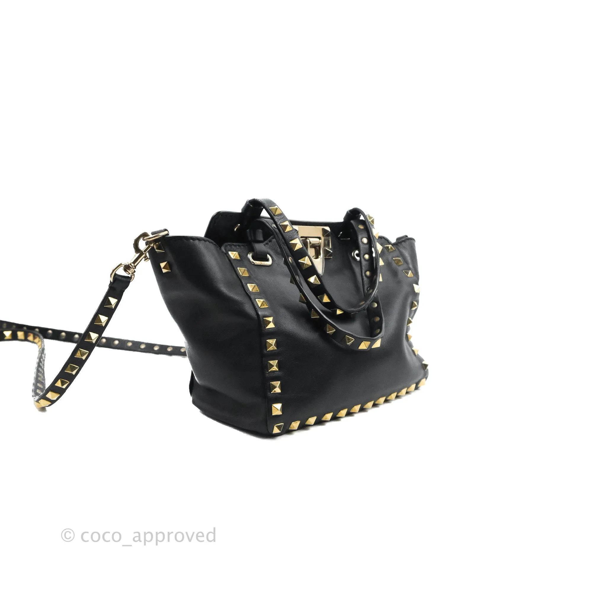 Valentino Garavani Mini Trapeze Rockstud Black Grained Calfskin Gold Hardware