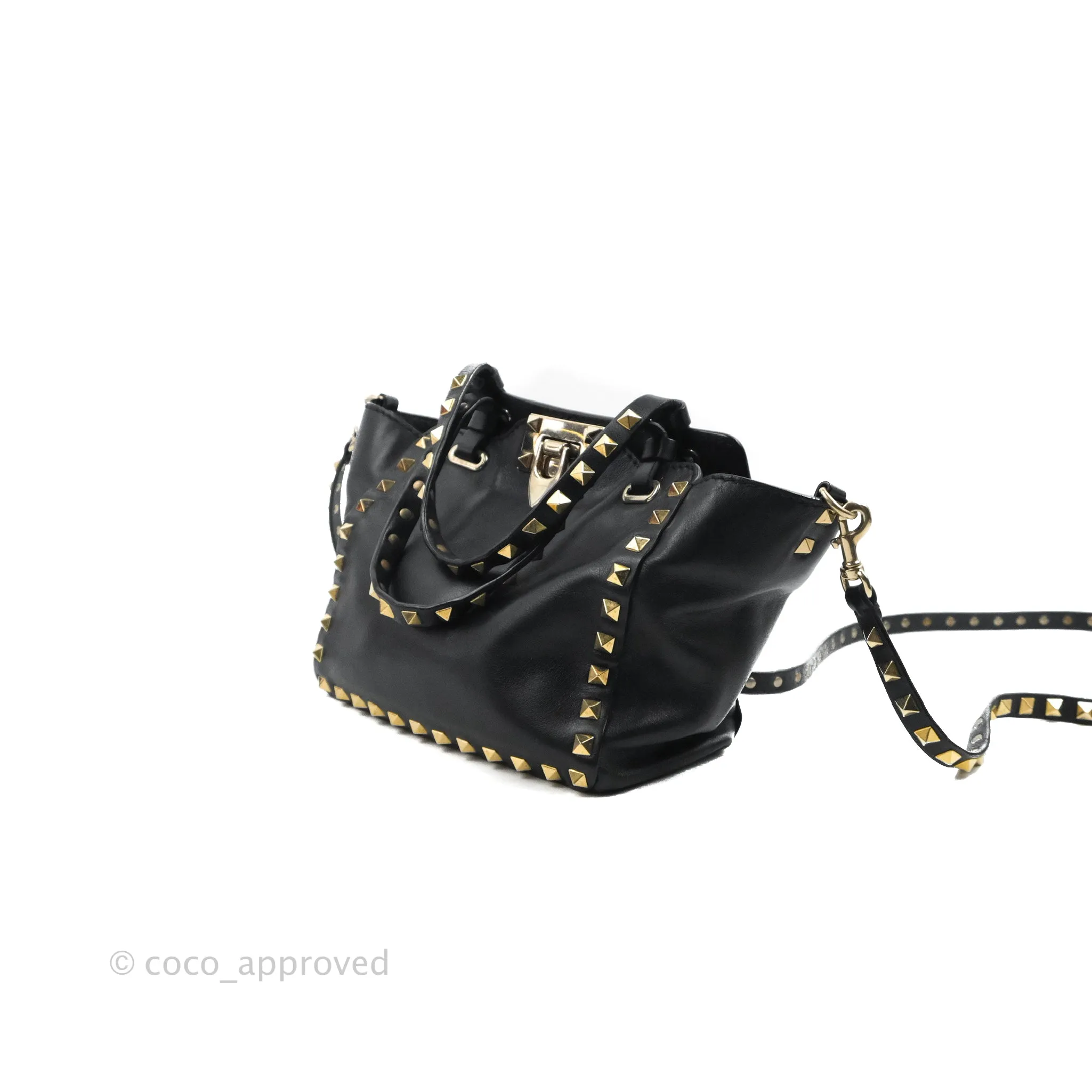 Valentino Garavani Mini Trapeze Rockstud Black Grained Calfskin Gold Hardware