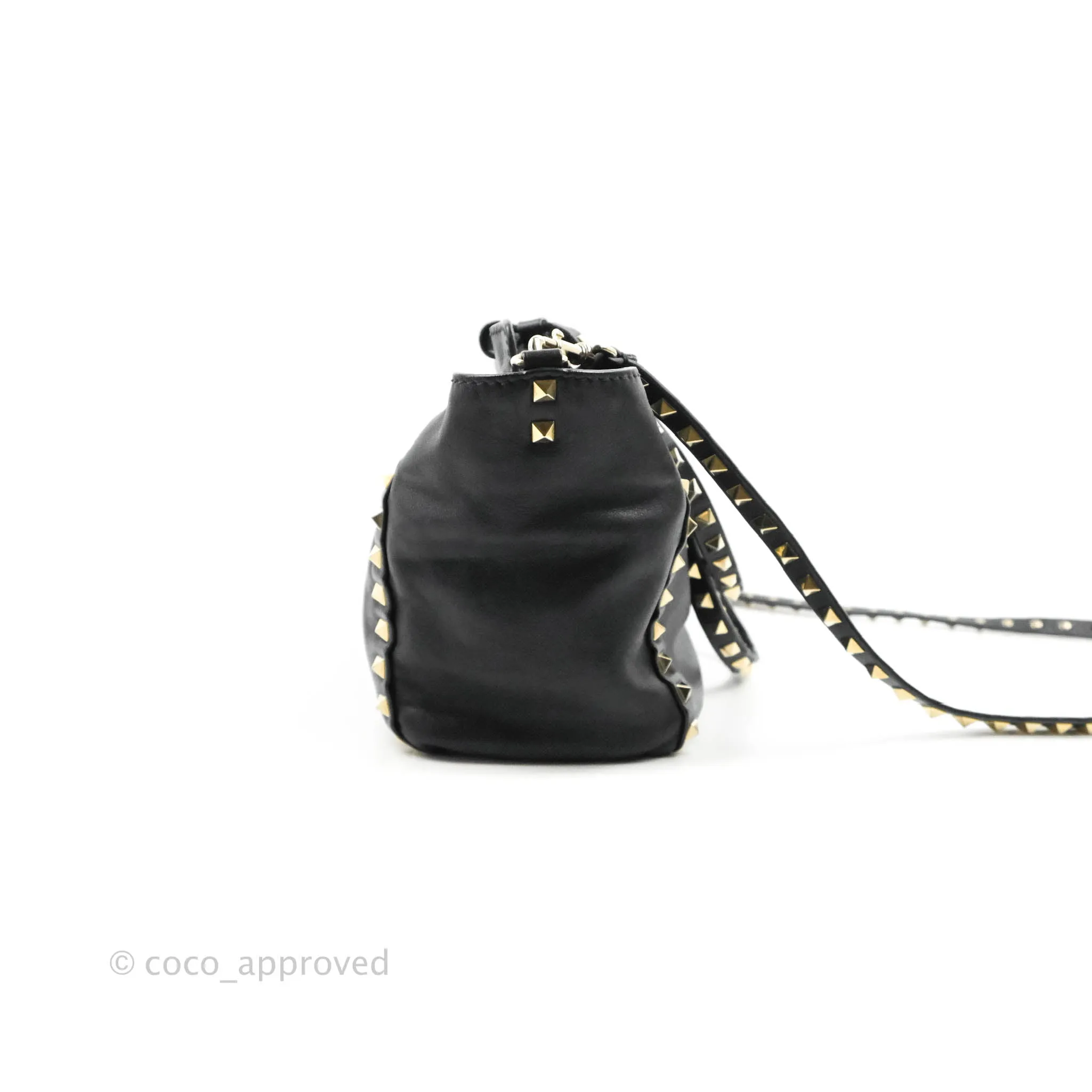 Valentino Garavani Small Trapeze Rockstud Black Grained Calfskin Gold Hardware