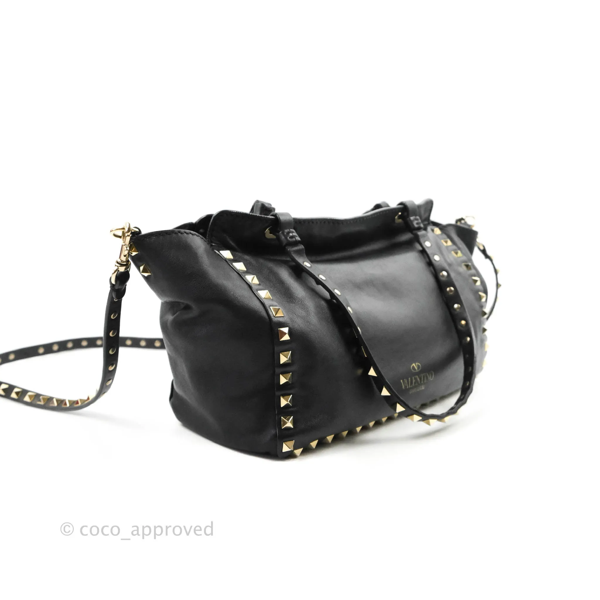 Valentino Garavani Small Trapeze Rockstud Black Grained Calfskin Gold Hardware