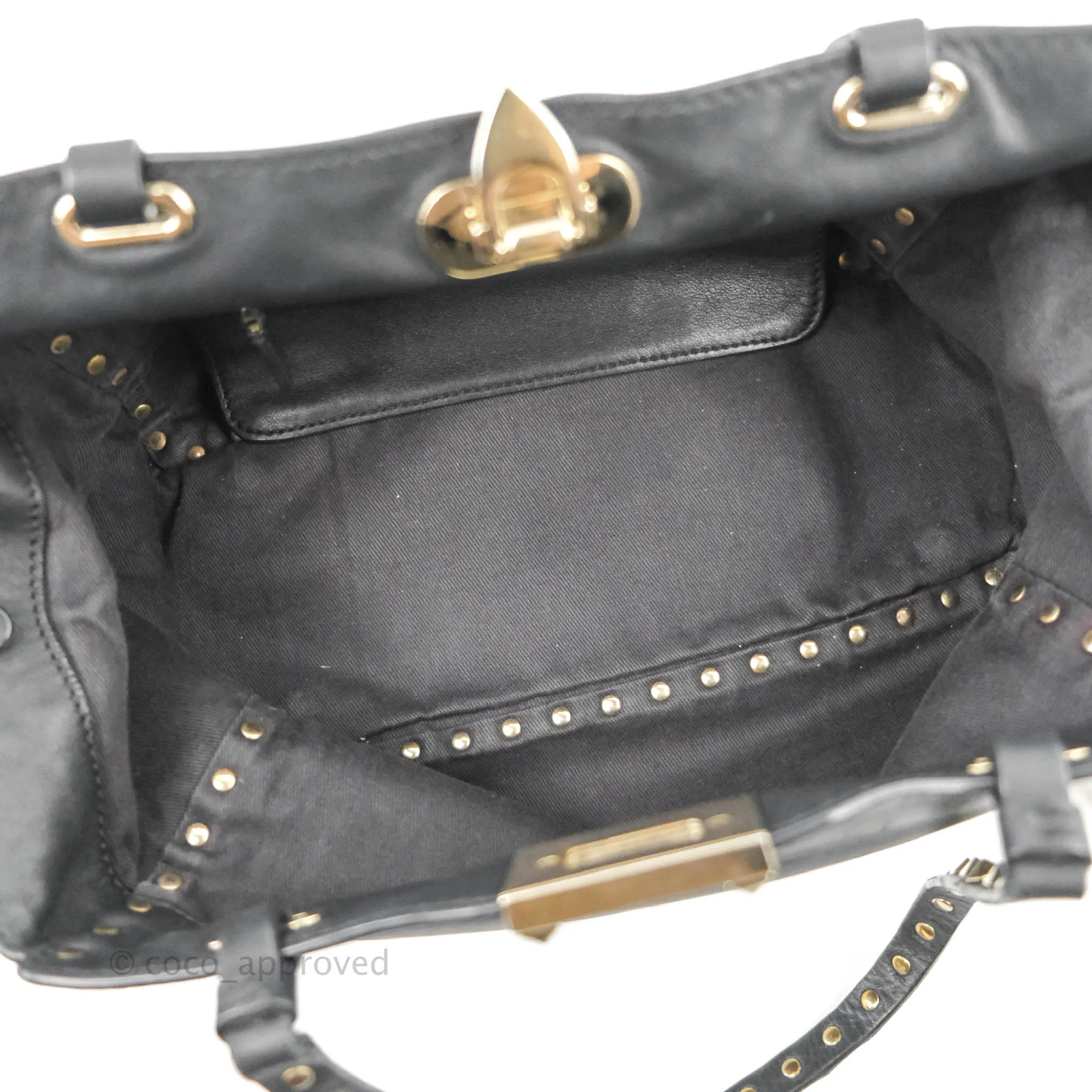 Valentino Garavani Small Trapeze Rockstud Black Grained Calfskin Gold Hardware