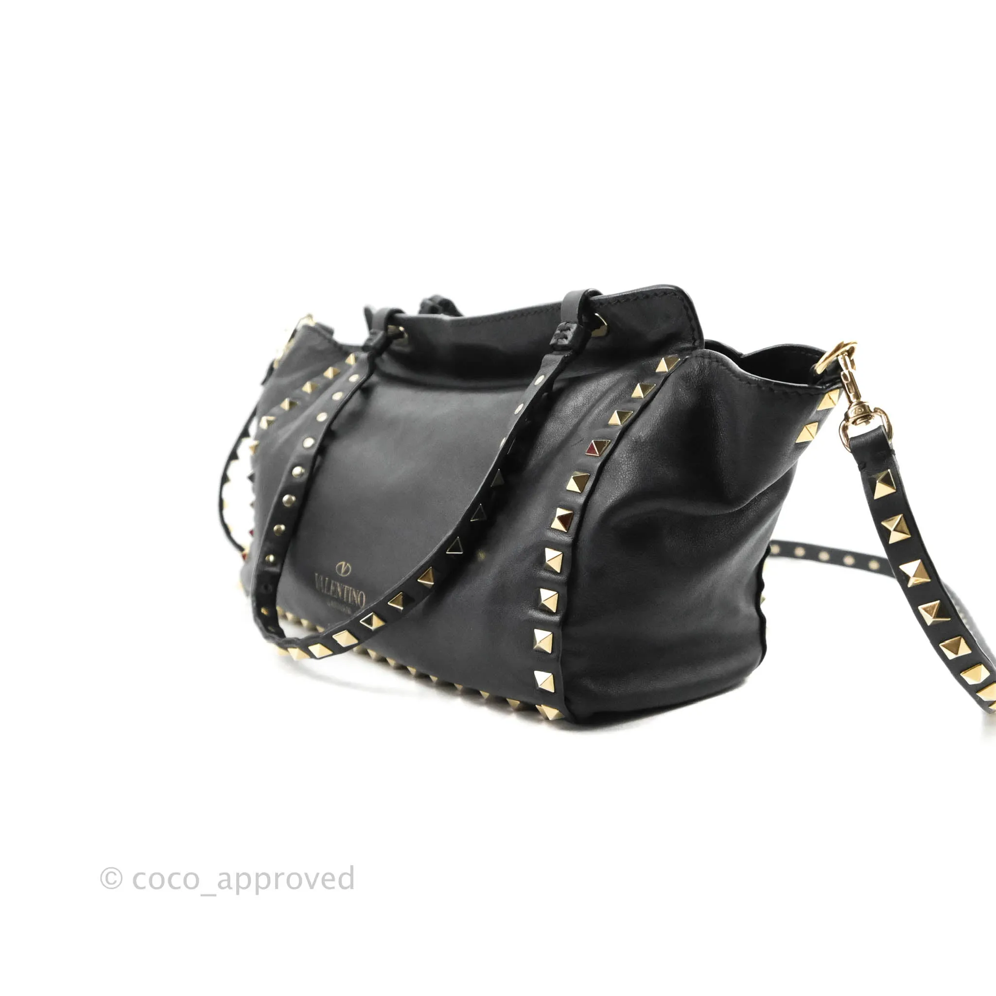 Valentino Garavani Small Trapeze Rockstud Black Grained Calfskin Gold Hardware