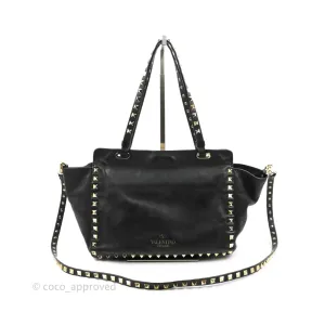 Valentino Garavani Small Trapeze Rockstud Black Grained Calfskin Gold Hardware