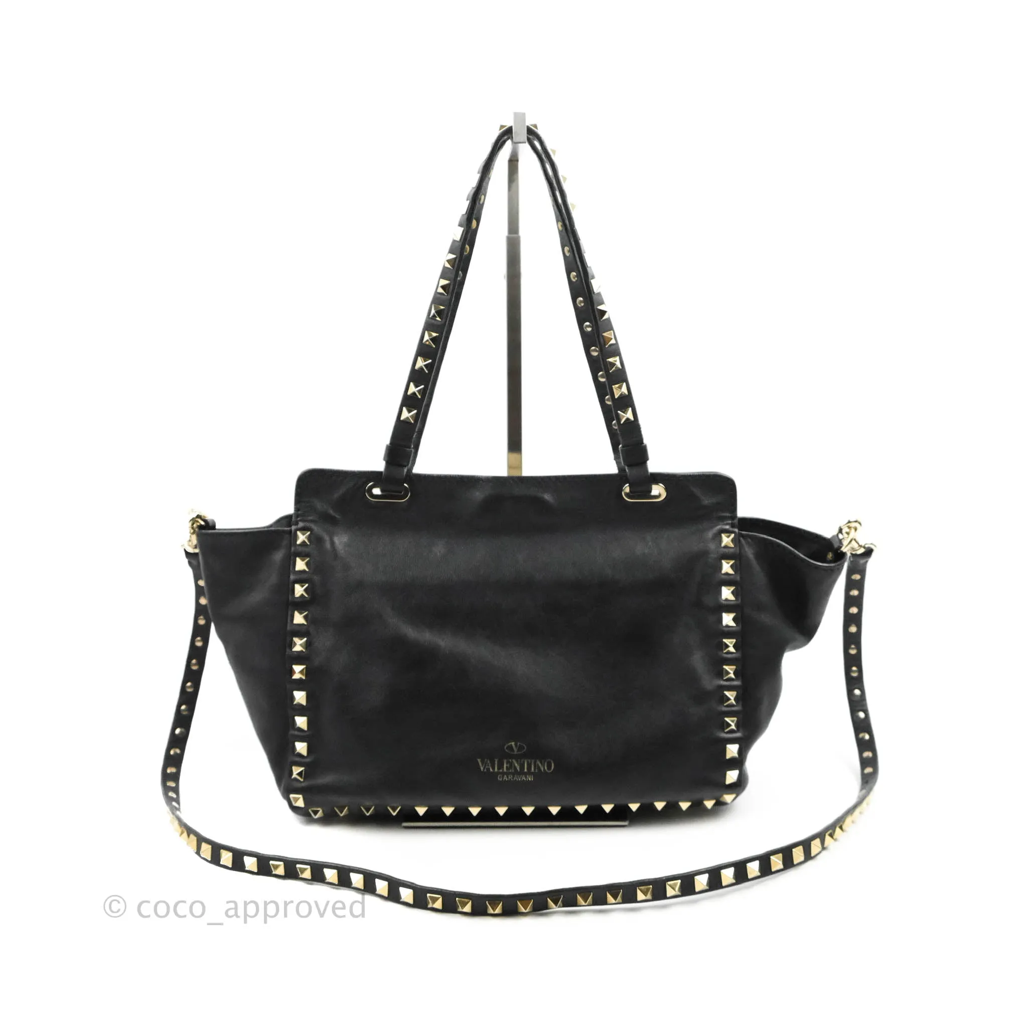 Valentino Garavani Small Trapeze Rockstud Black Grained Calfskin Gold Hardware