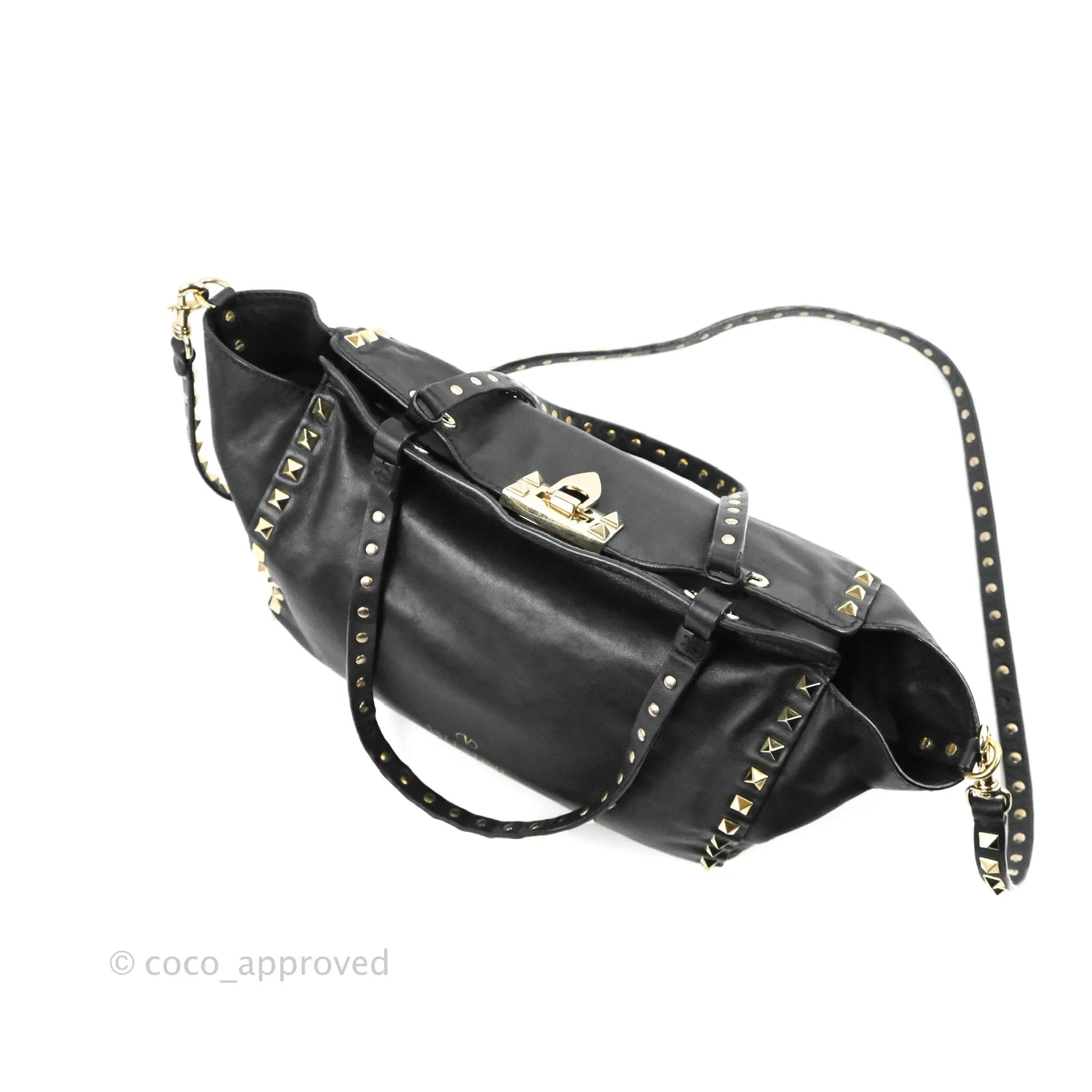 Valentino Garavani Small Trapeze Rockstud Black Grained Calfskin Gold Hardware