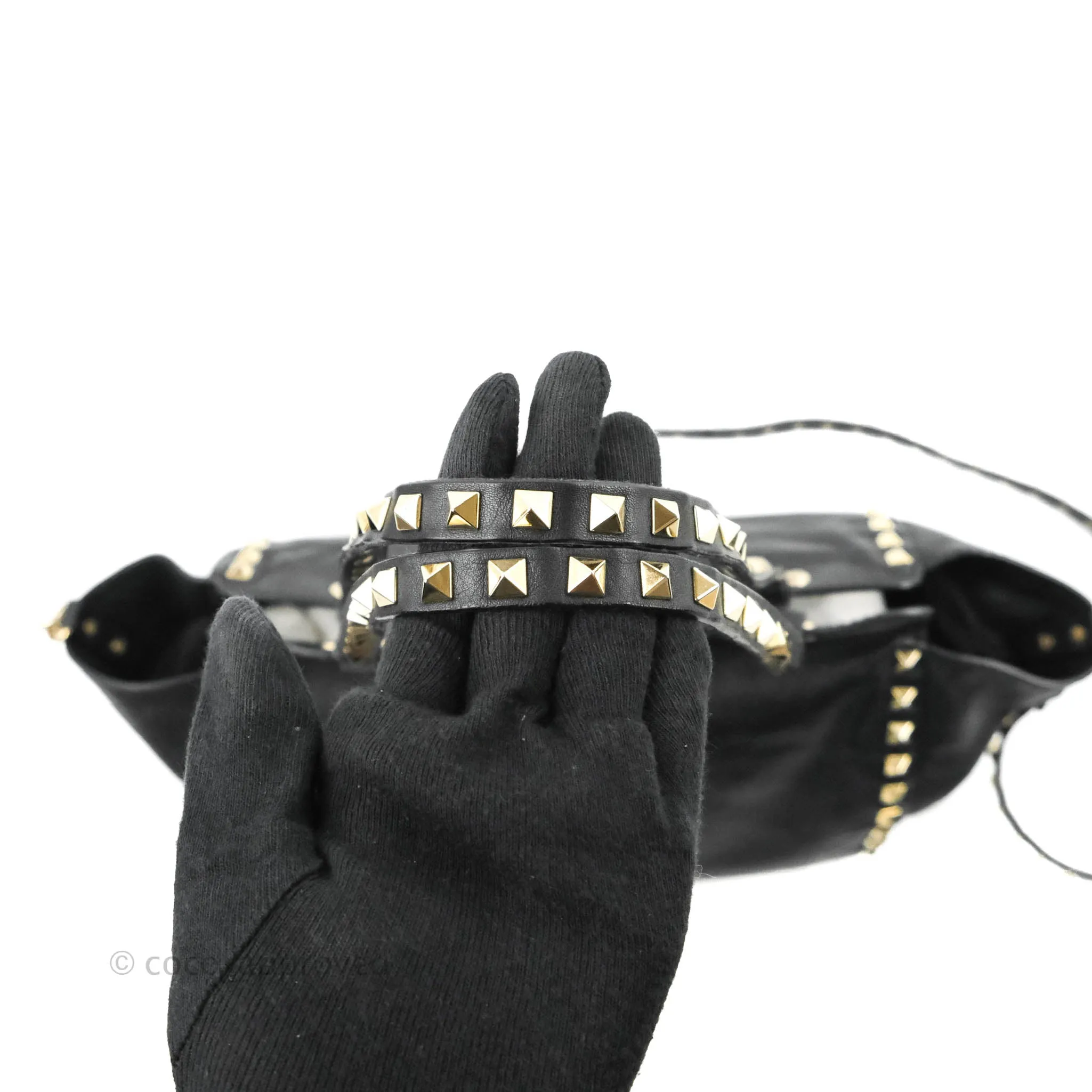 Valentino Garavani Small Trapeze Rockstud Black Grained Calfskin Gold Hardware
