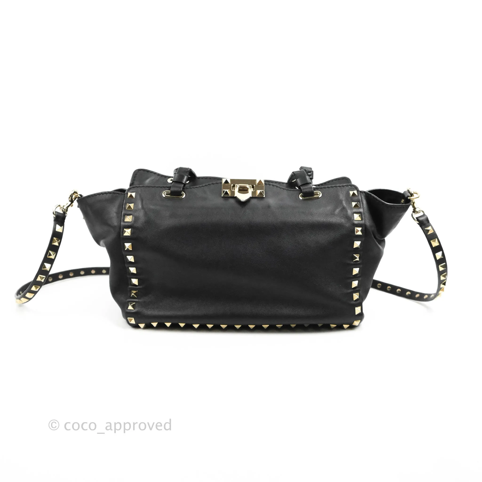 Valentino Garavani Small Trapeze Rockstud Black Grained Calfskin Gold Hardware