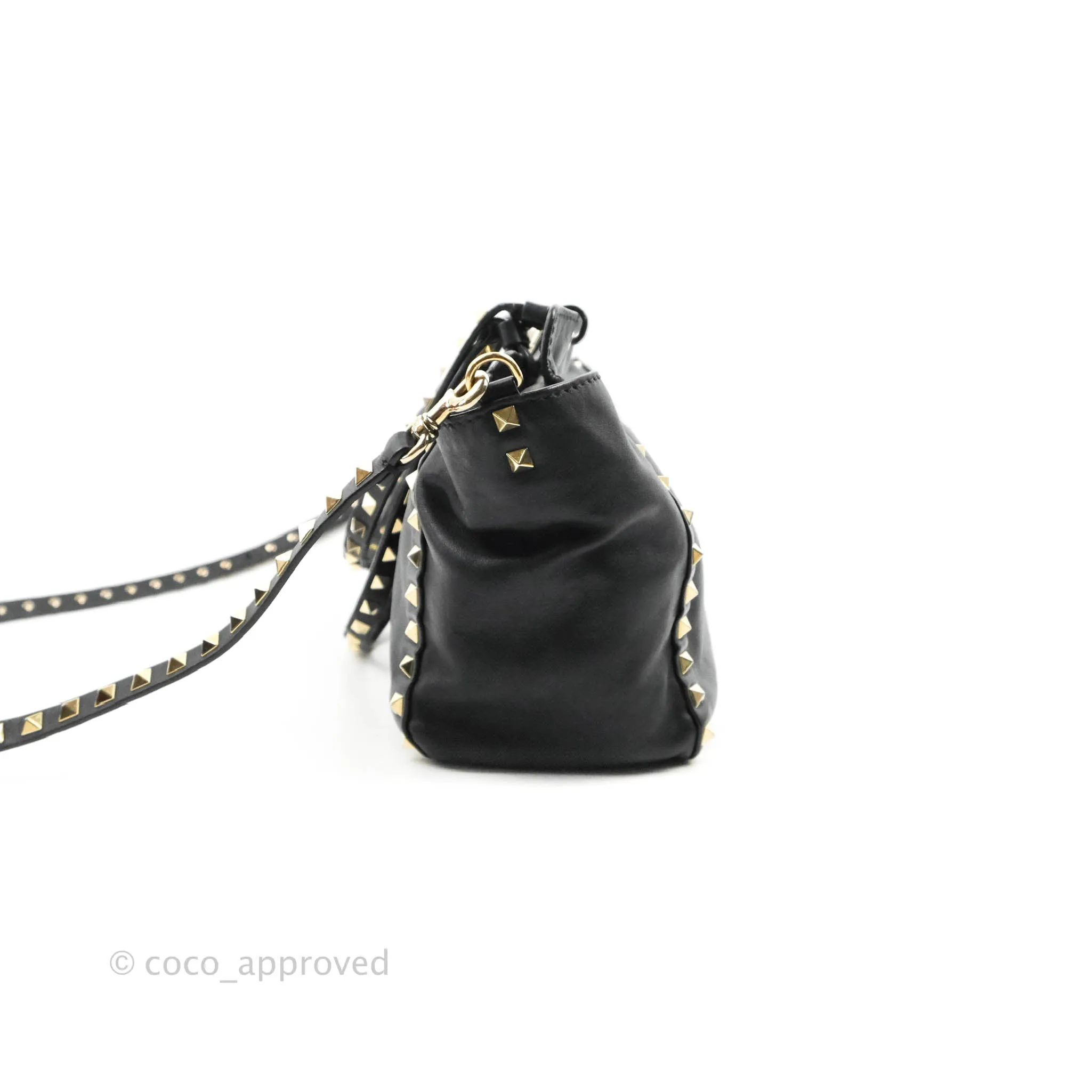 Valentino Garavani Small Trapeze Rockstud Black Grained Calfskin Gold Hardware