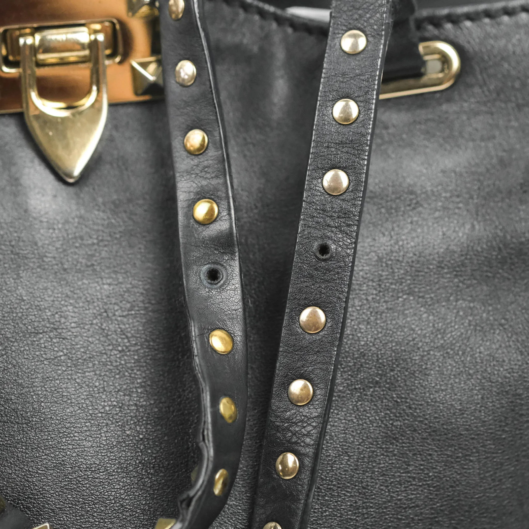 Valentino Garavani Small Trapeze Rockstud Black Grained Calfskin Gold Hardware
