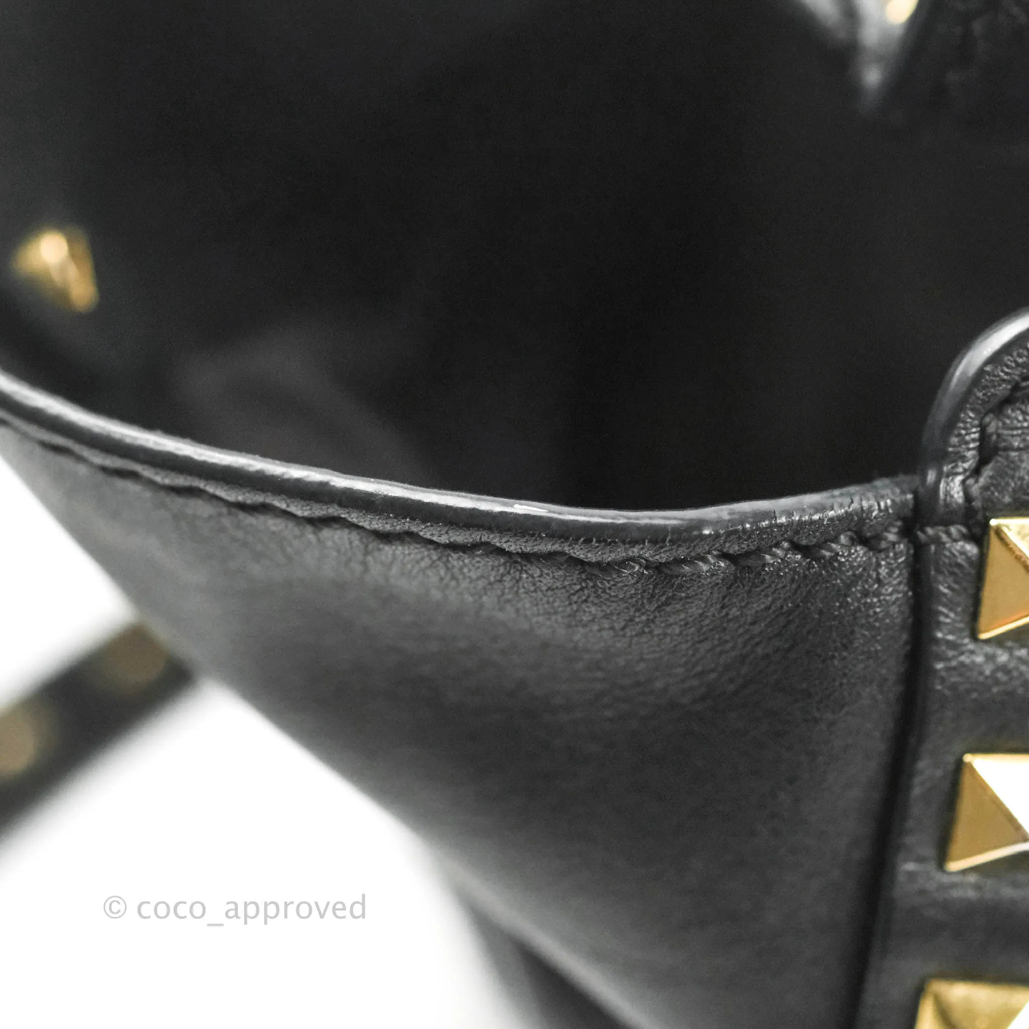 Valentino Garavani Small Trapeze Rockstud Black Grained Calfskin Gold Hardware