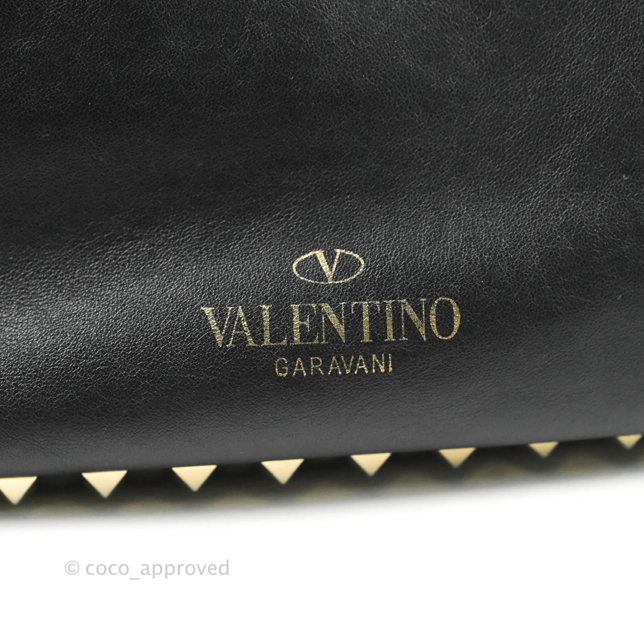 Valentino Garavani Small Trapeze Rockstud Black Grained Calfskin Gold Hardware