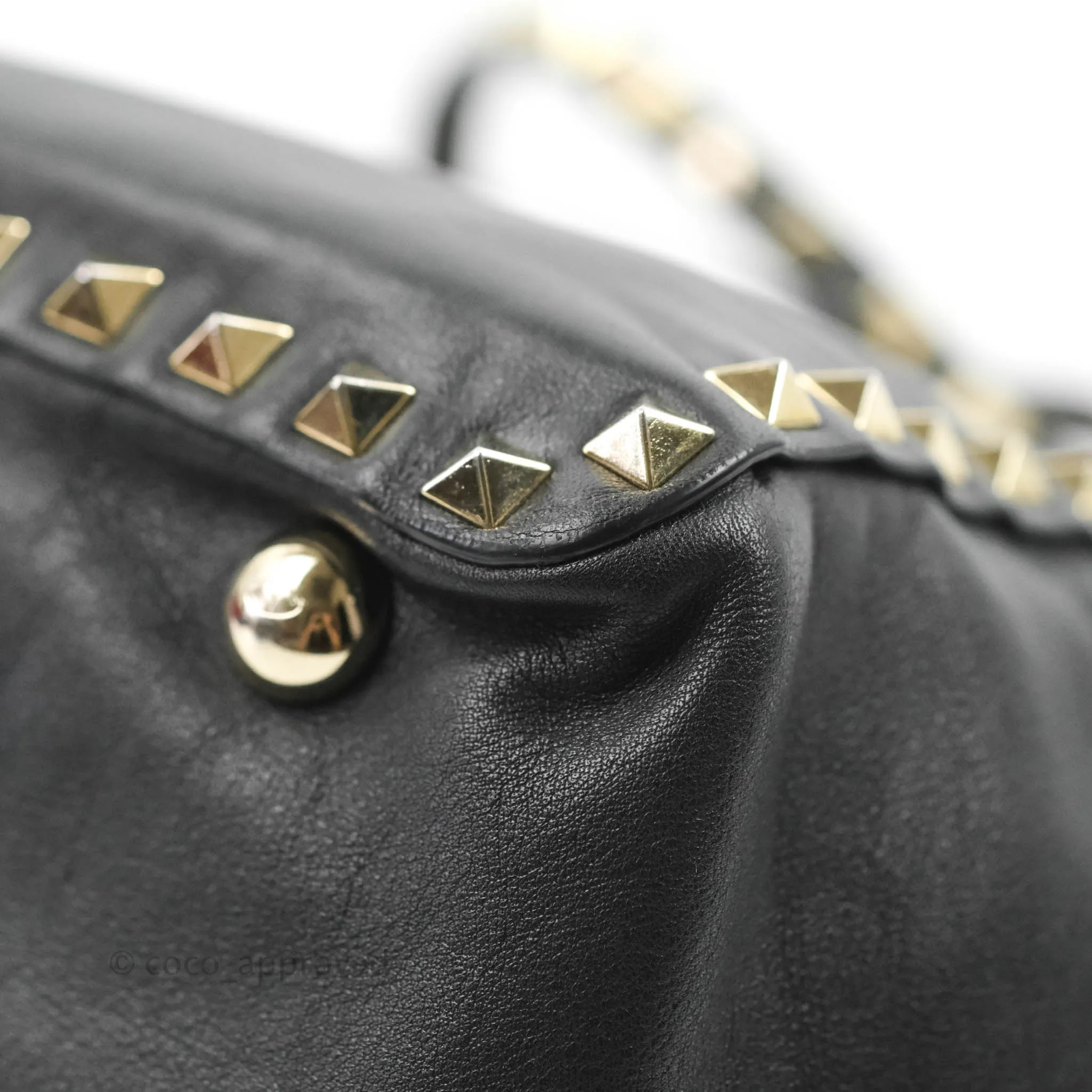 Valentino Garavani Small Trapeze Rockstud Black Grained Calfskin Gold Hardware