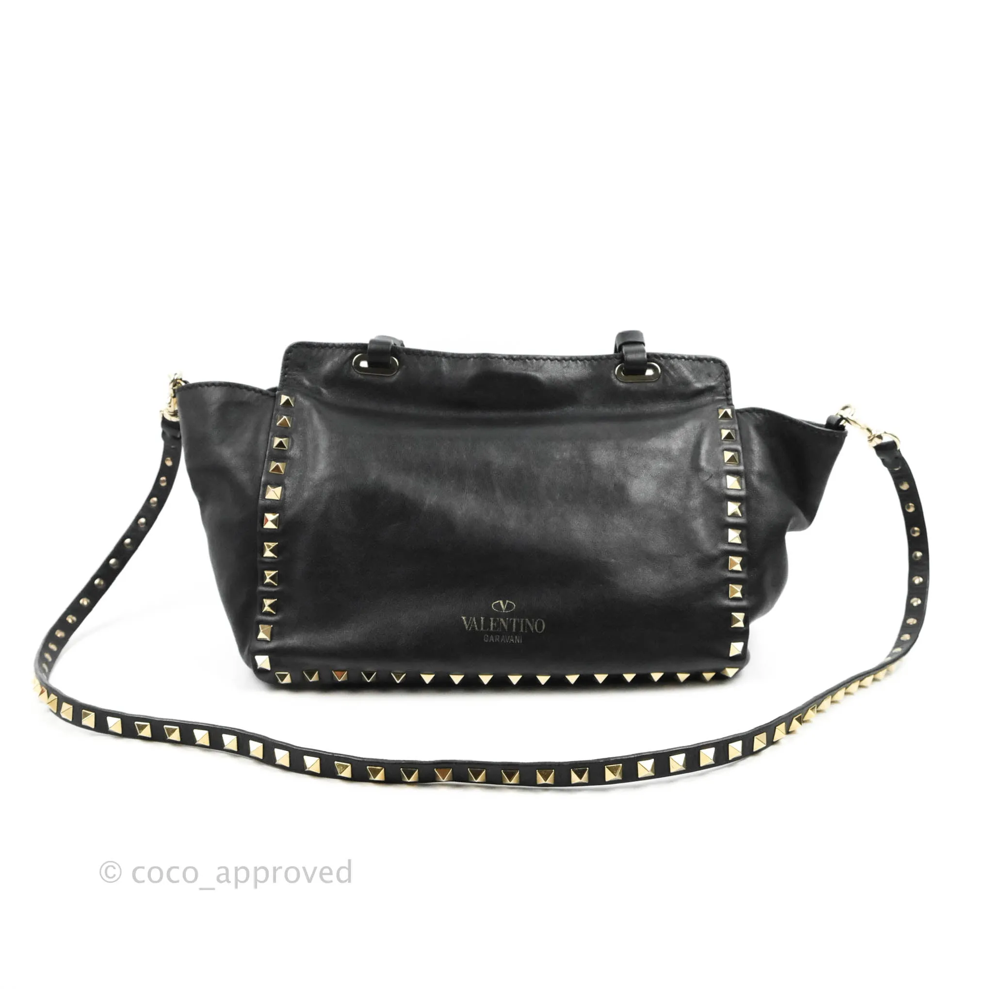 Valentino Garavani Small Trapeze Rockstud Black Grained Calfskin Gold Hardware