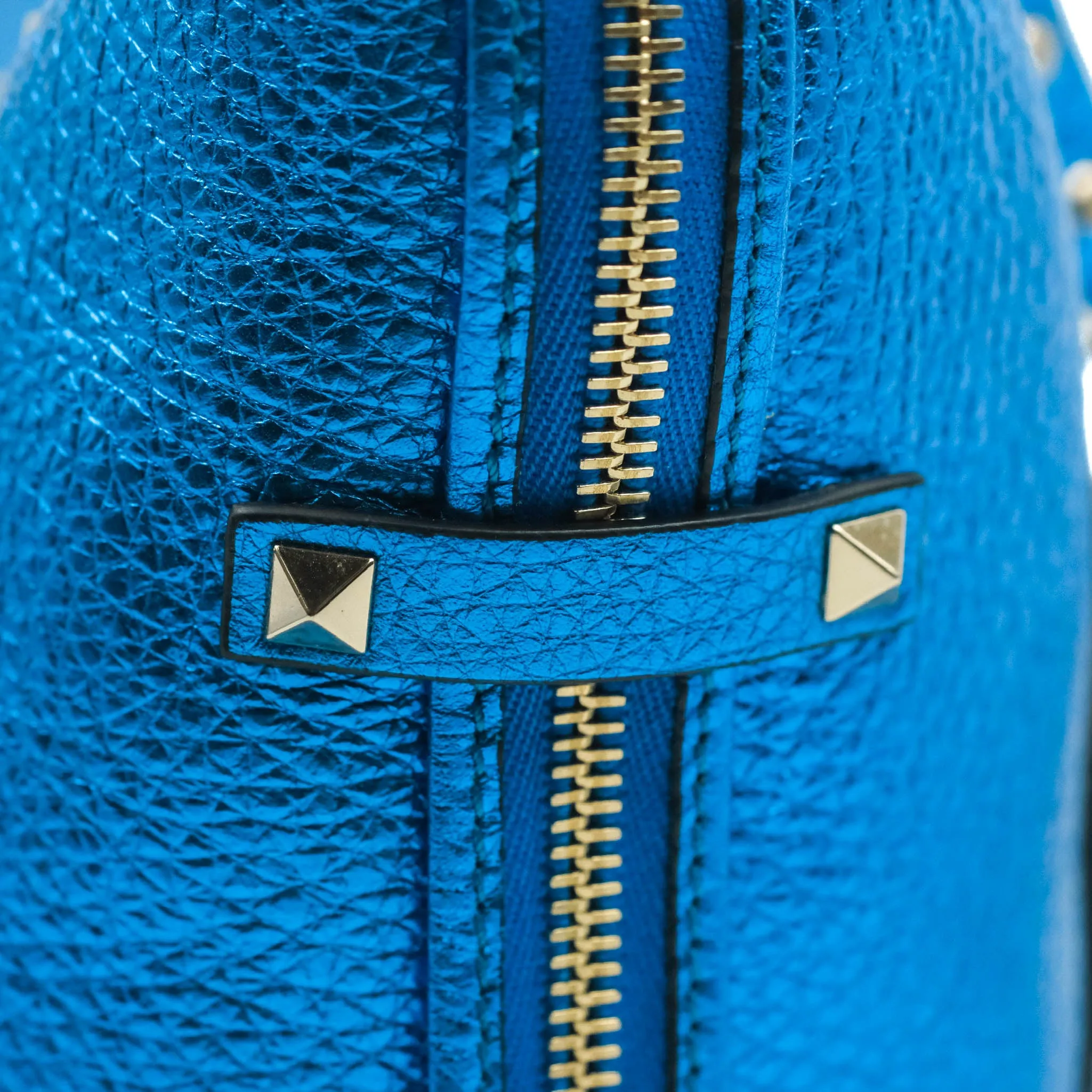 Valentino Garavani Small Trapeze Rockstud Metallic Blue Grained Calfskin Gold Hardware