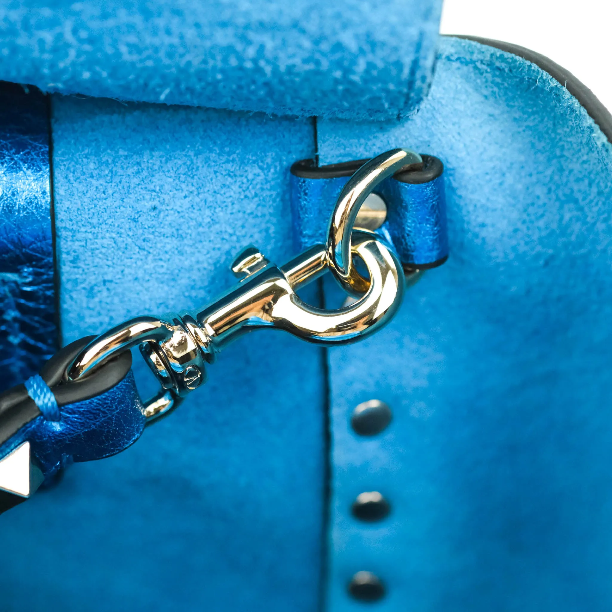 Valentino Garavani Small Trapeze Rockstud Metallic Blue Grained Calfskin Gold Hardware