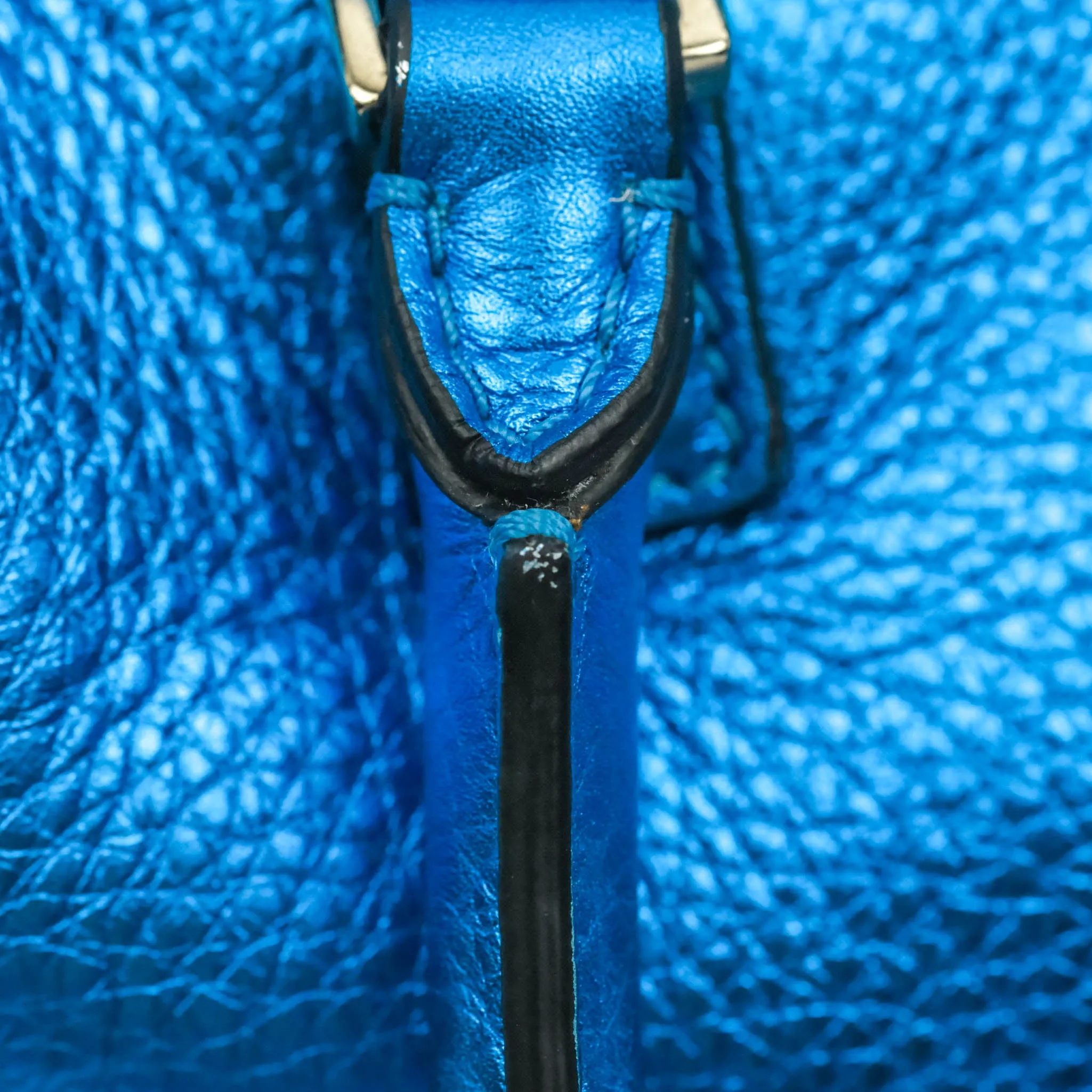 Valentino Garavani Small Trapeze Rockstud Metallic Blue Grained Calfskin Gold Hardware