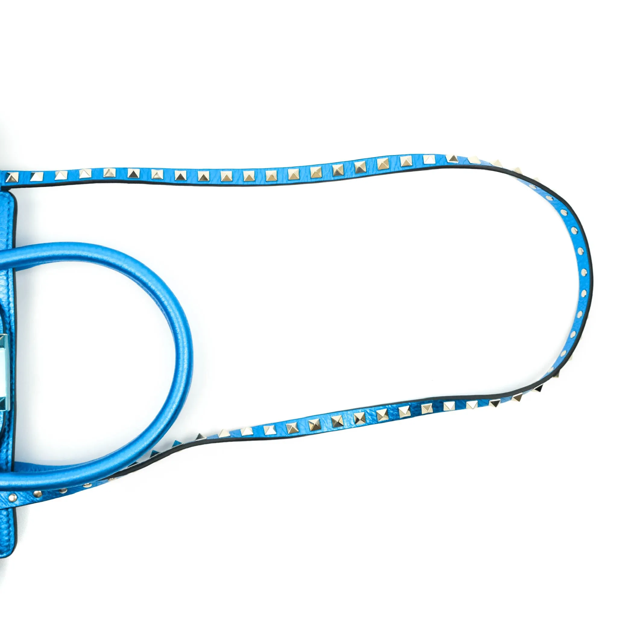 Valentino Garavani Small Trapeze Rockstud Metallic Blue Grained Calfskin Gold Hardware