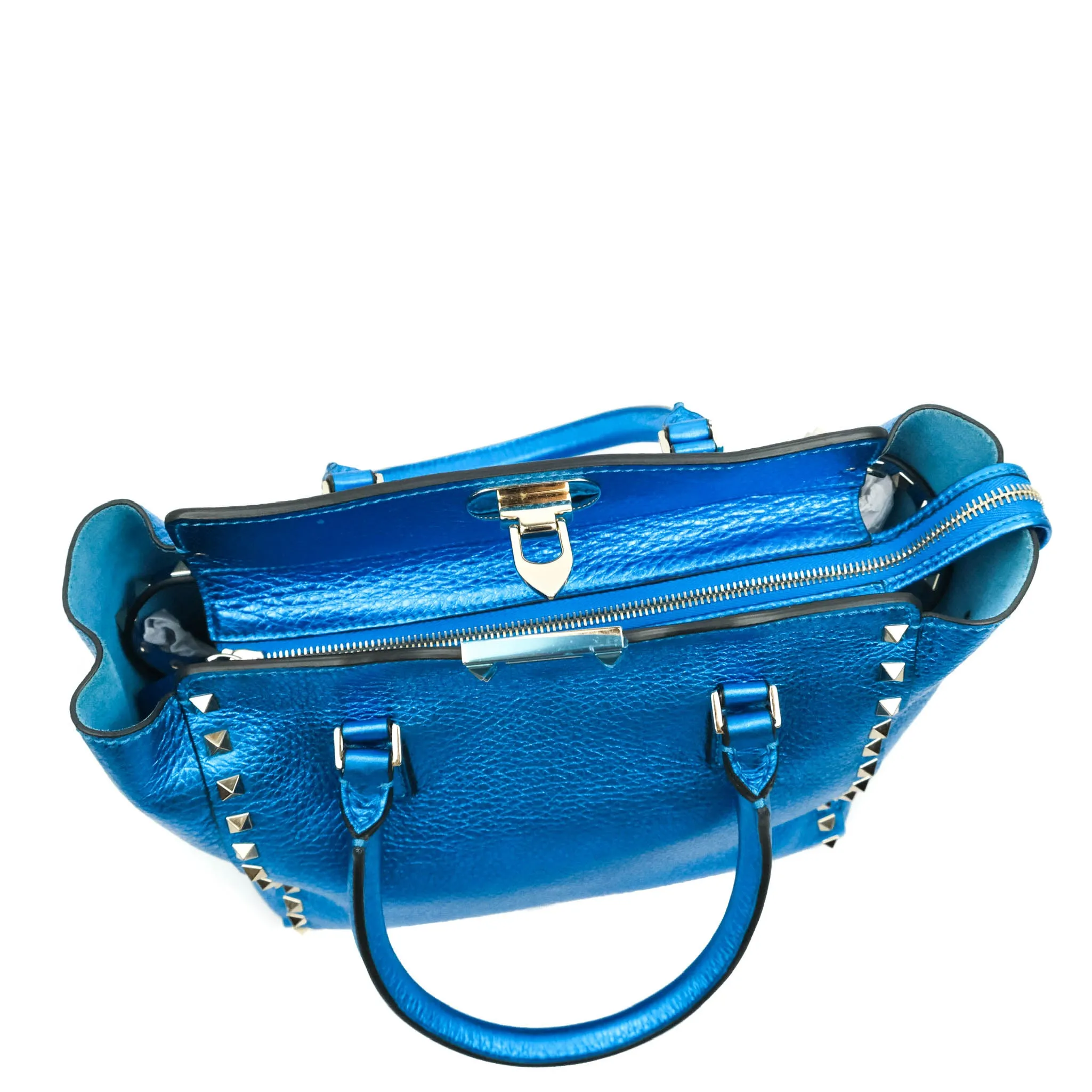 Valentino Garavani Small Trapeze Rockstud Metallic Blue Grained Calfskin Gold Hardware