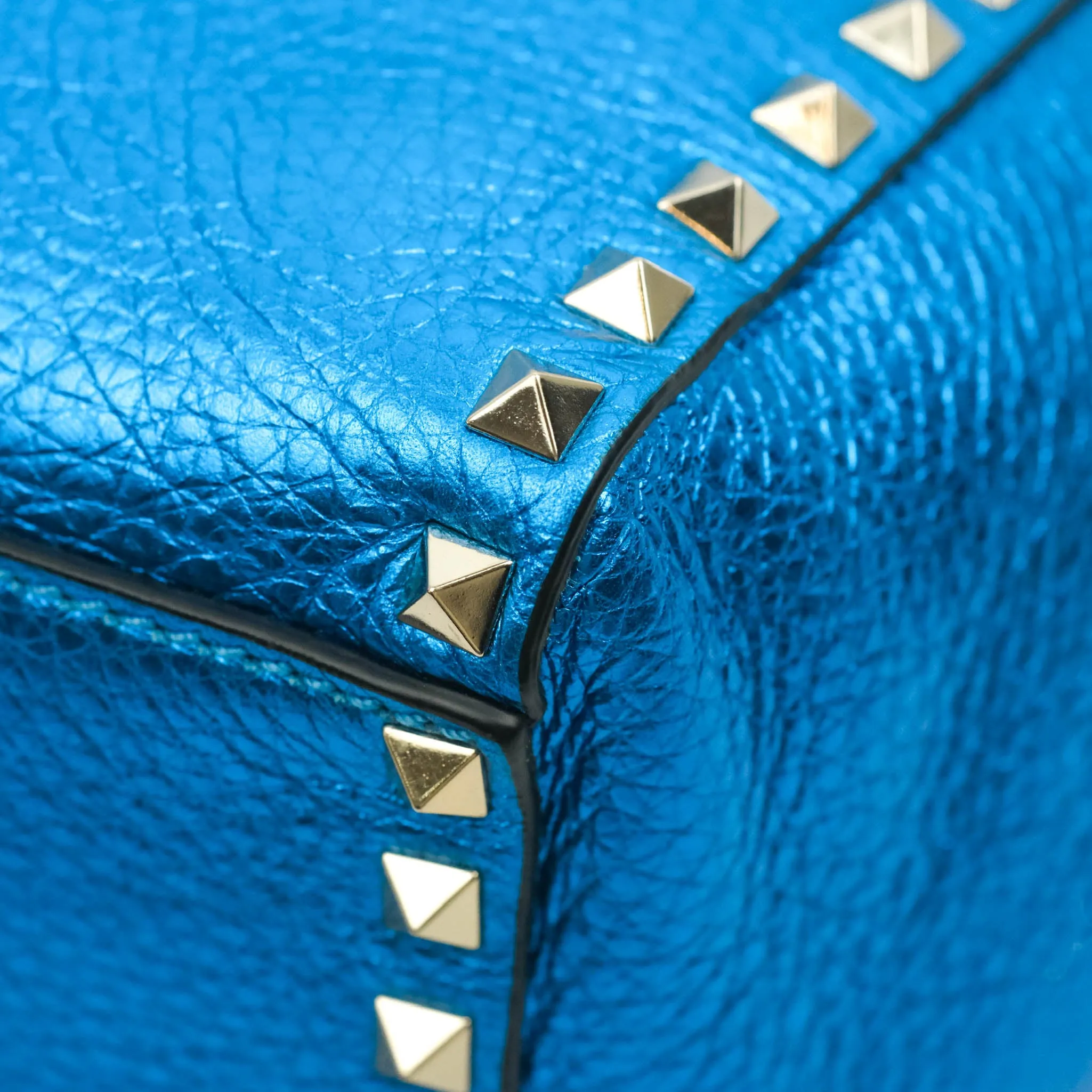 Valentino Garavani Small Trapeze Rockstud Metallic Blue Grained Calfskin Gold Hardware