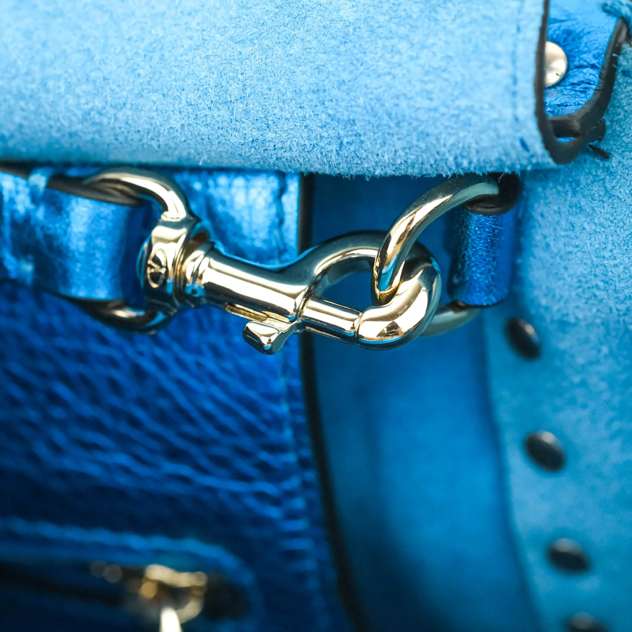 Valentino Garavani Small Trapeze Rockstud Metallic Blue Grained Calfskin Gold Hardware