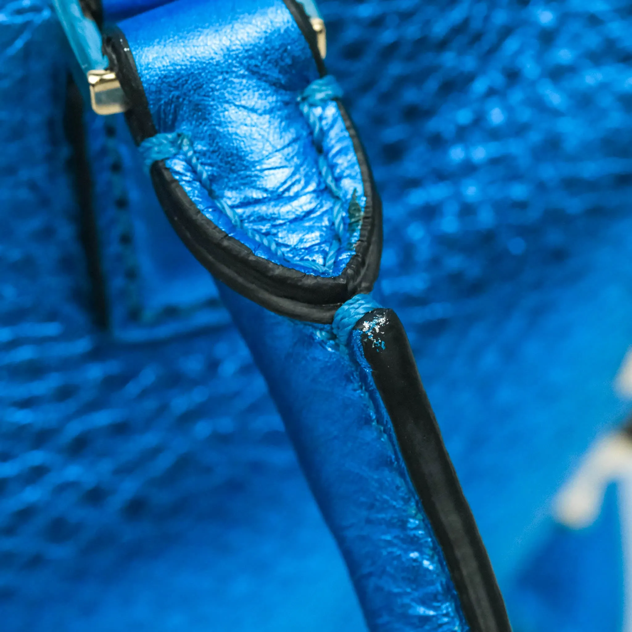 Valentino Garavani Small Trapeze Rockstud Metallic Blue Grained Calfskin Gold Hardware