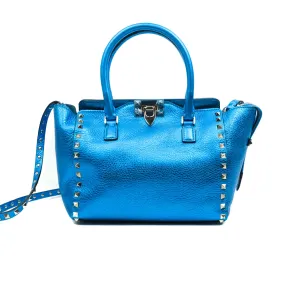 Valentino Garavani Small Trapeze Rockstud Metallic Blue Grained Calfskin Gold Hardware