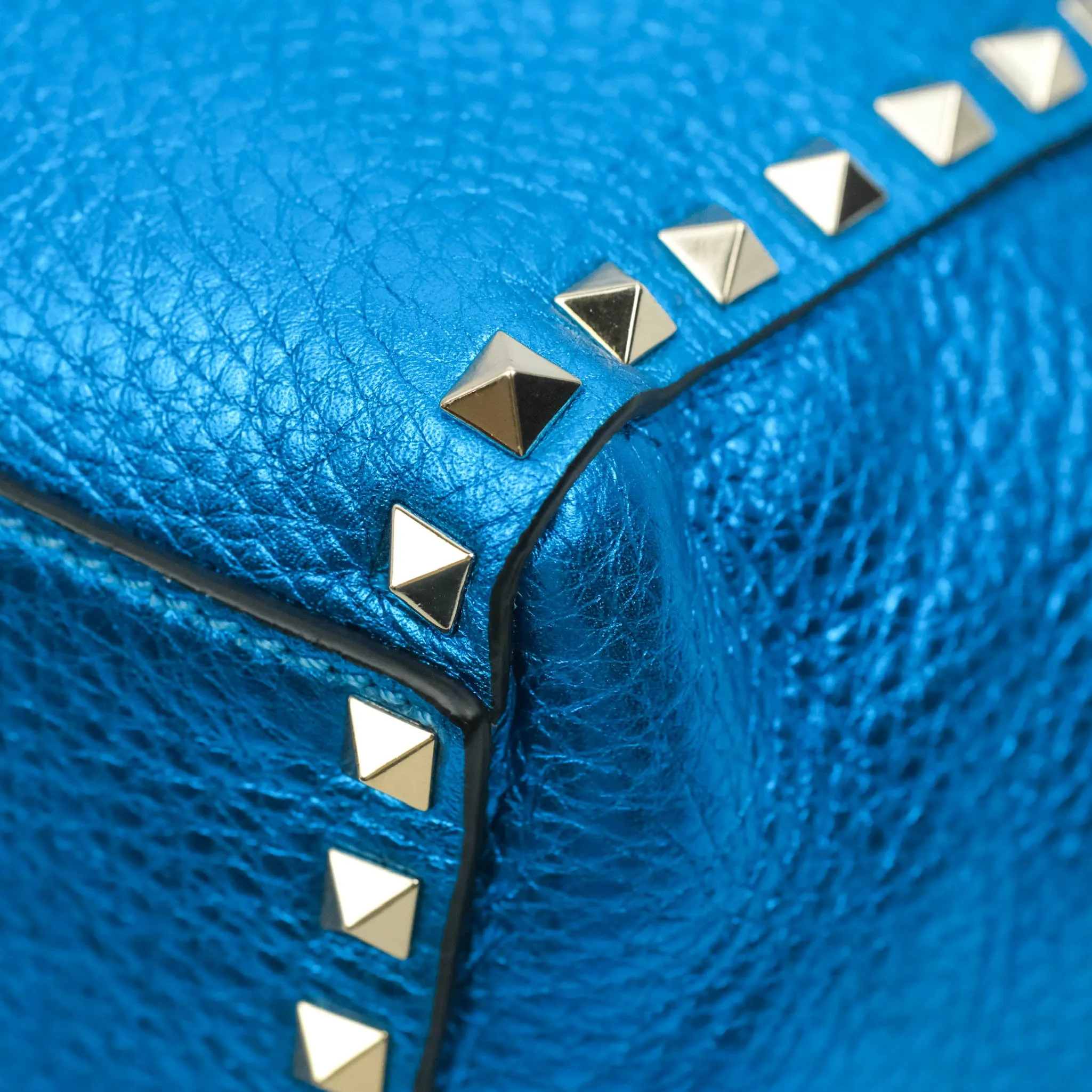 Valentino Garavani Small Trapeze Rockstud Metallic Blue Grained Calfskin Gold Hardware
