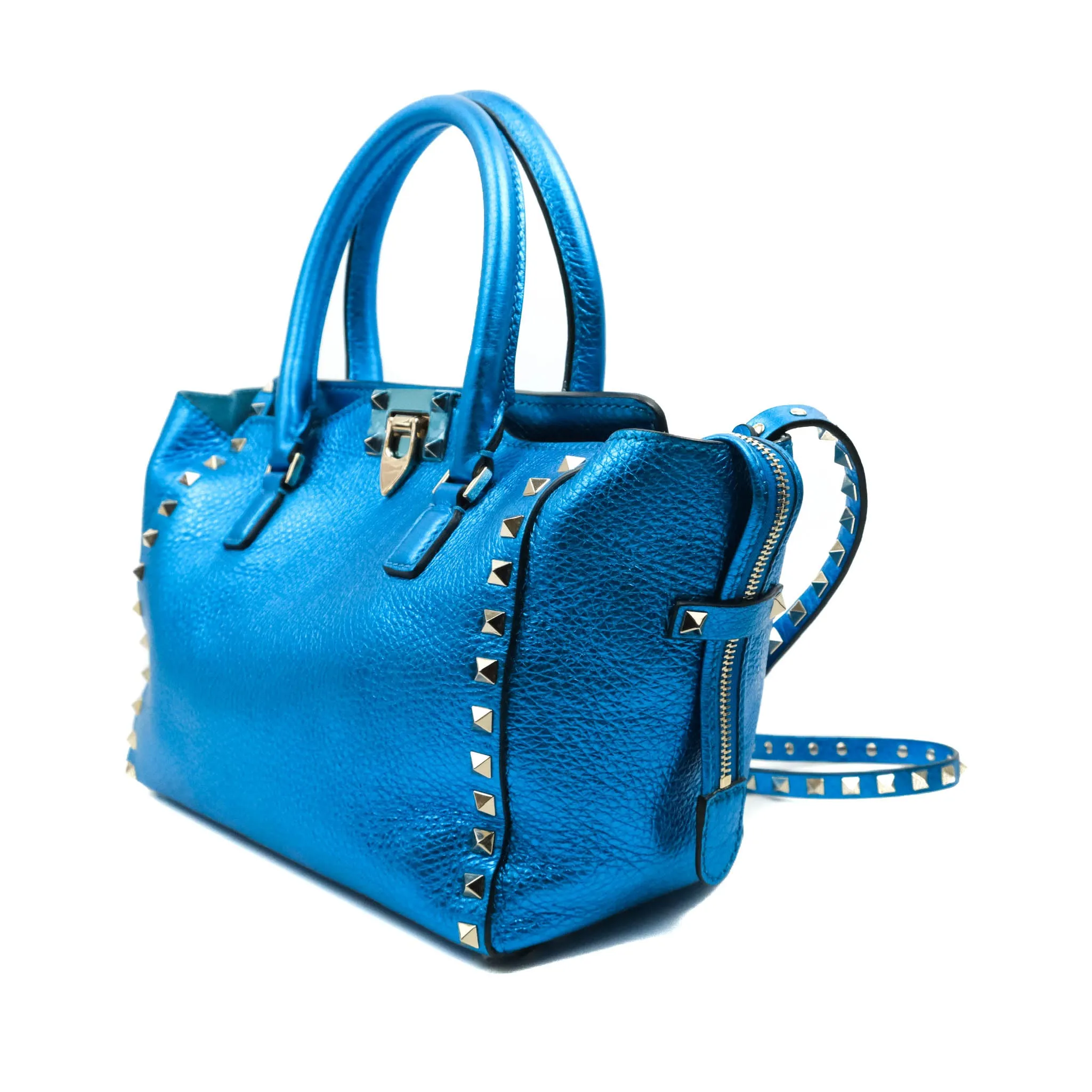 Valentino Garavani Small Trapeze Rockstud Metallic Blue Grained Calfskin Gold Hardware