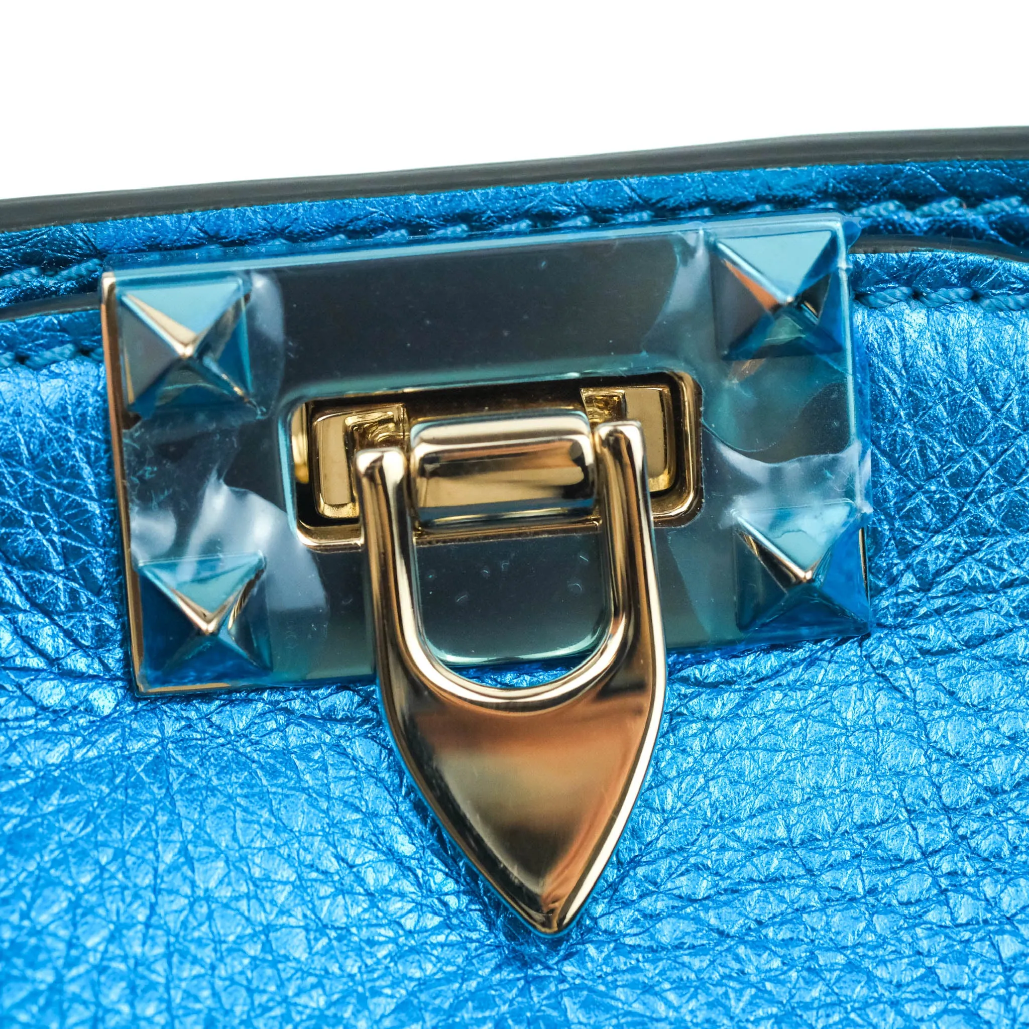 Valentino Garavani Small Trapeze Rockstud Metallic Blue Grained Calfskin Gold Hardware