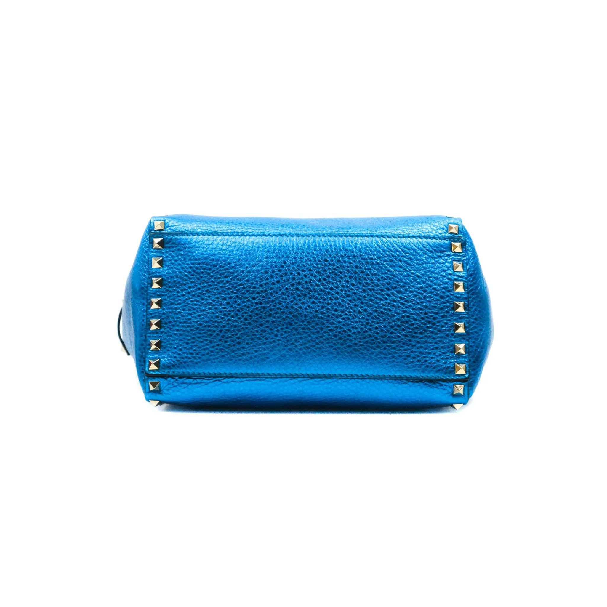Valentino Garavani Small Trapeze Rockstud Metallic Blue Grained Calfskin Gold Hardware