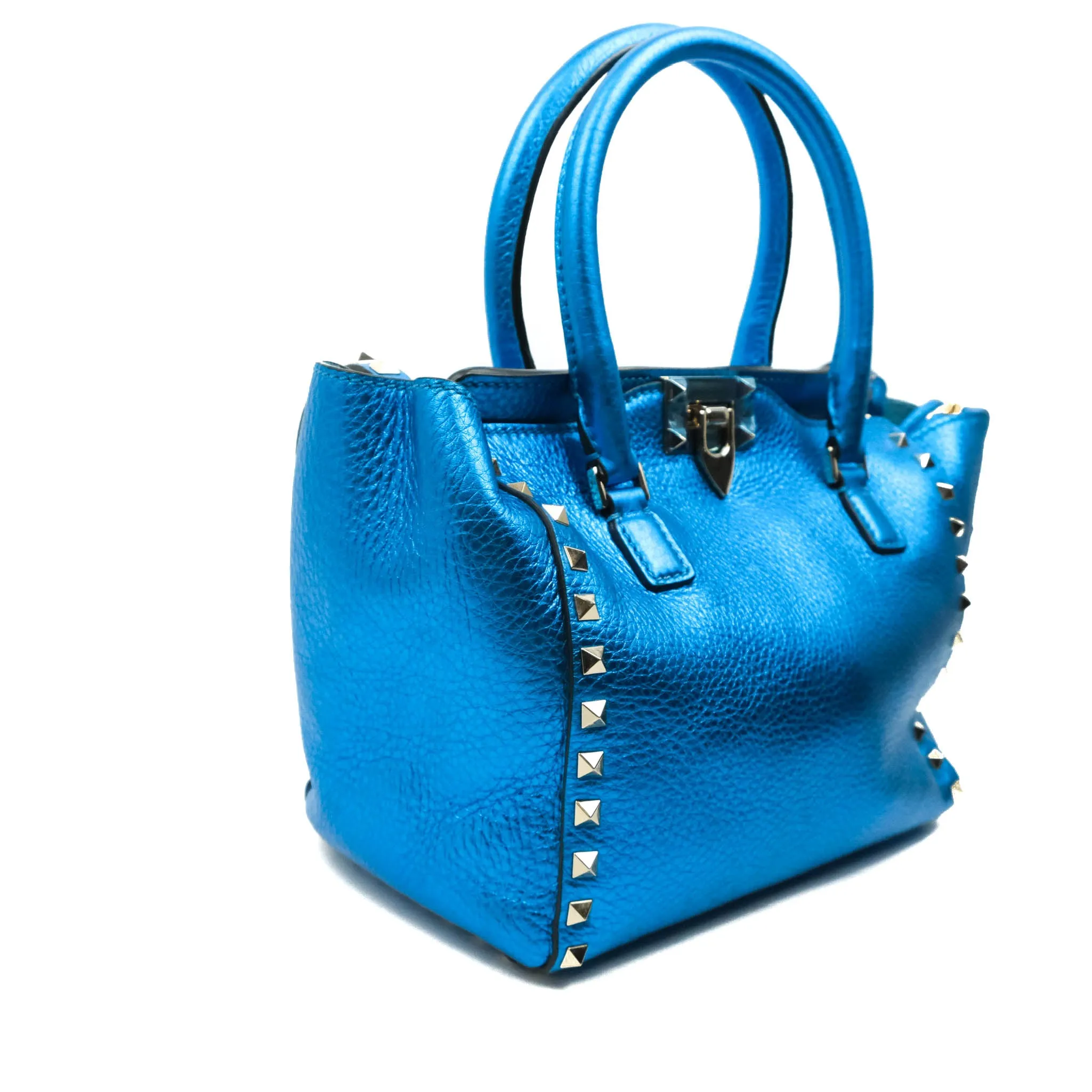 Valentino Garavani Small Trapeze Rockstud Metallic Blue Grained Calfskin Gold Hardware