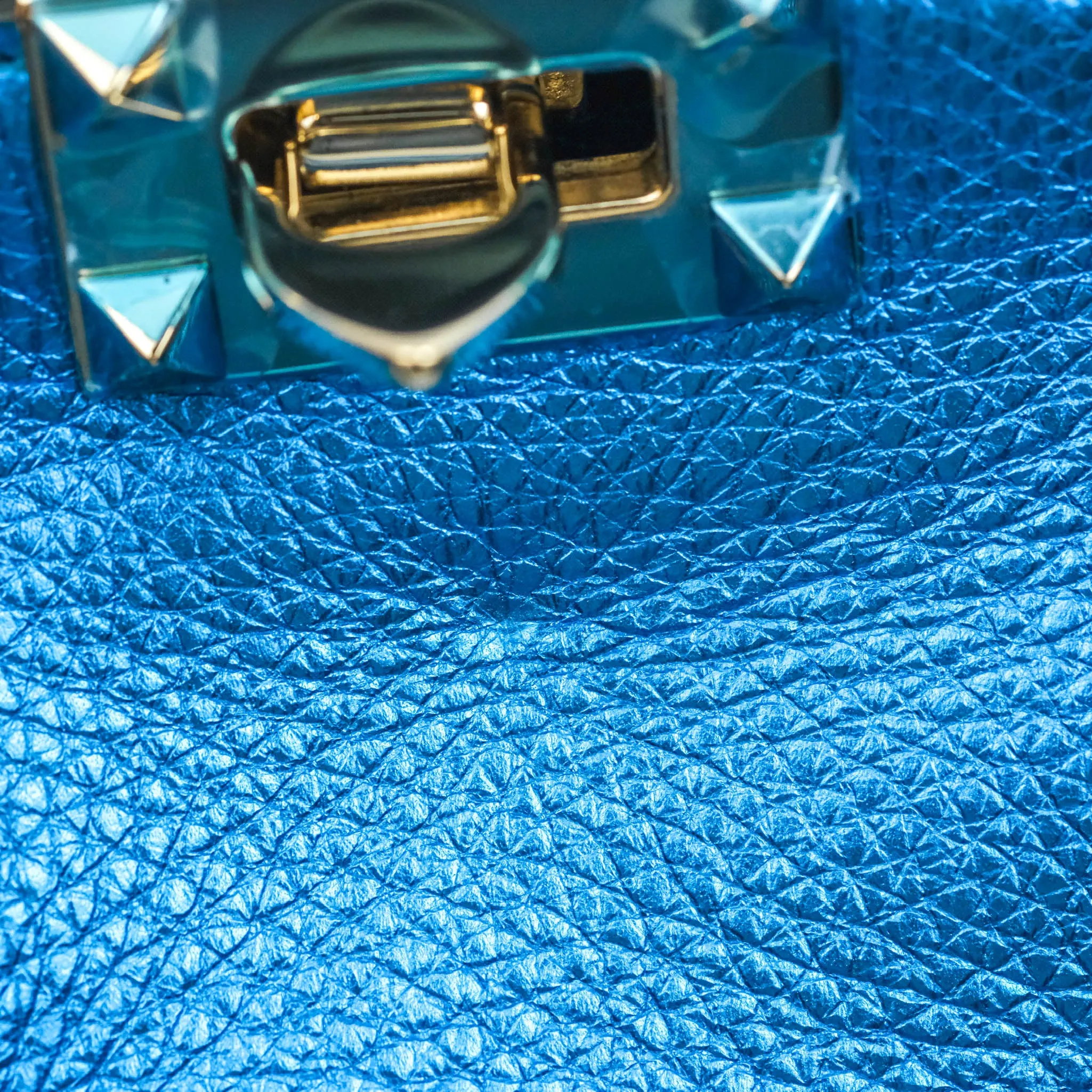 Valentino Garavani Small Trapeze Rockstud Metallic Blue Grained Calfskin Gold Hardware