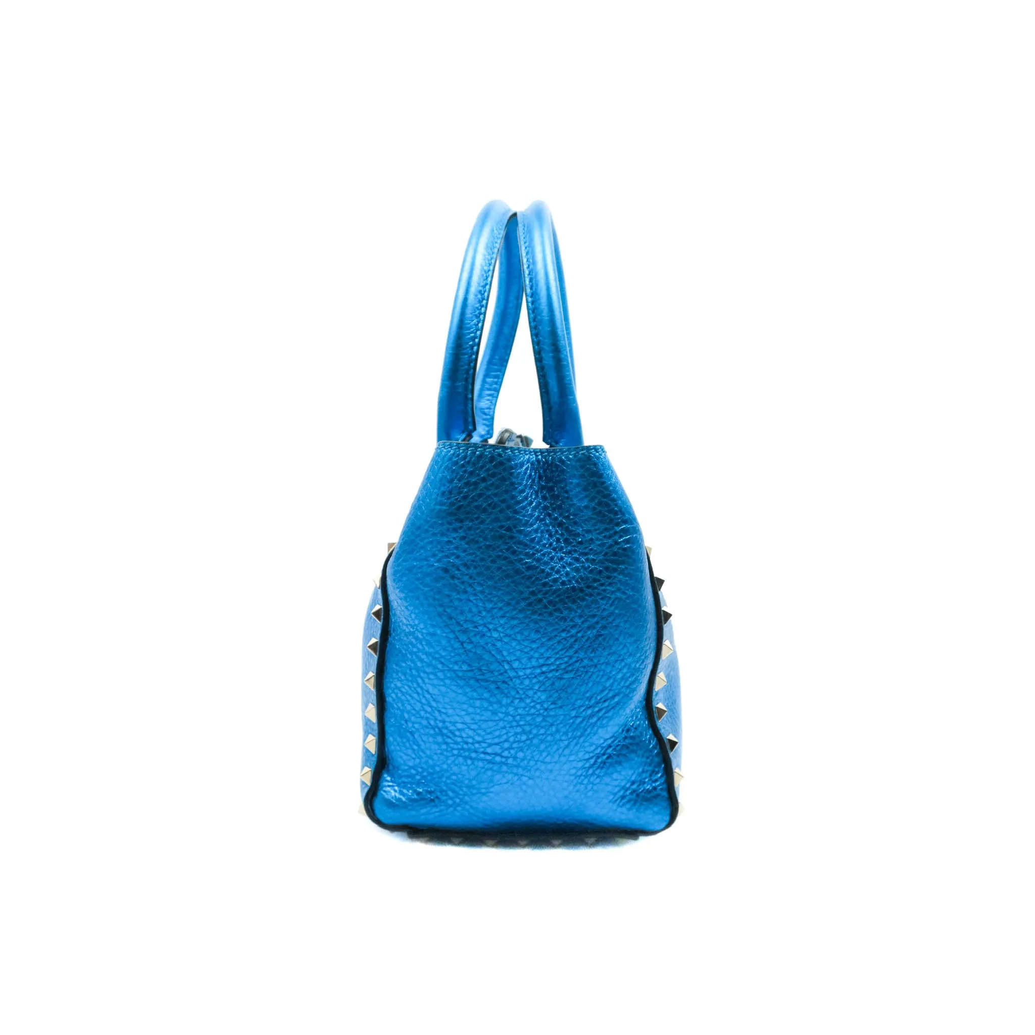 Valentino Garavani Small Trapeze Rockstud Metallic Blue Grained Calfskin Gold Hardware