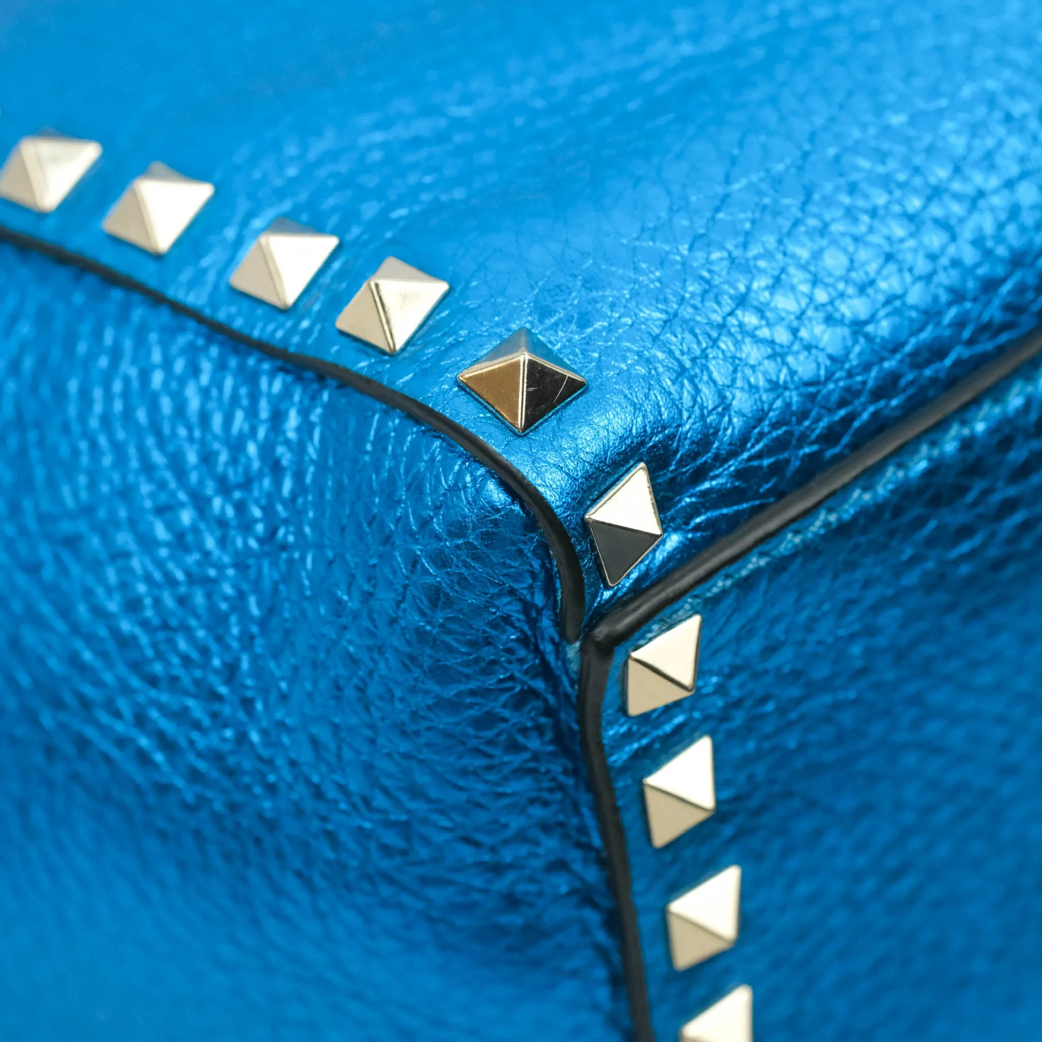 Valentino Garavani Small Trapeze Rockstud Metallic Blue Grained Calfskin Gold Hardware