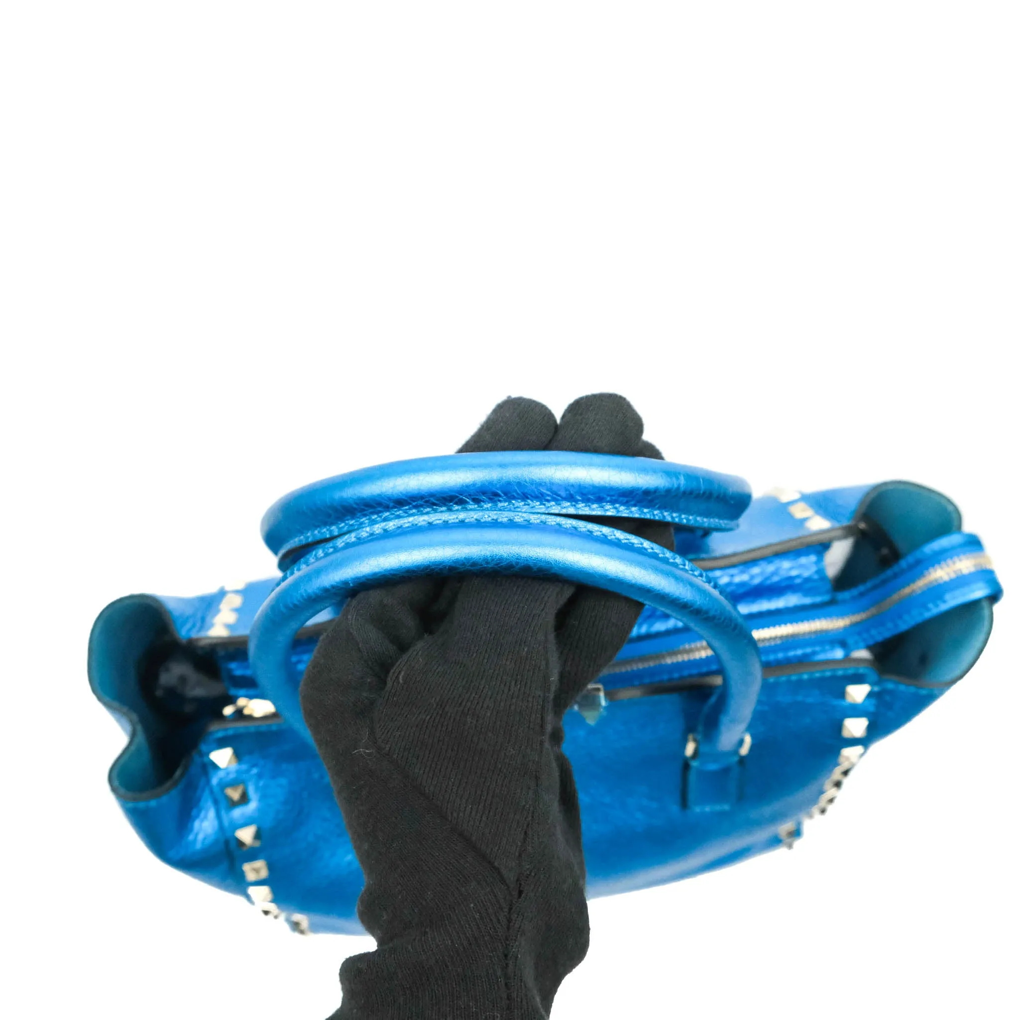 Valentino Garavani Small Trapeze Rockstud Metallic Blue Grained Calfskin Gold Hardware