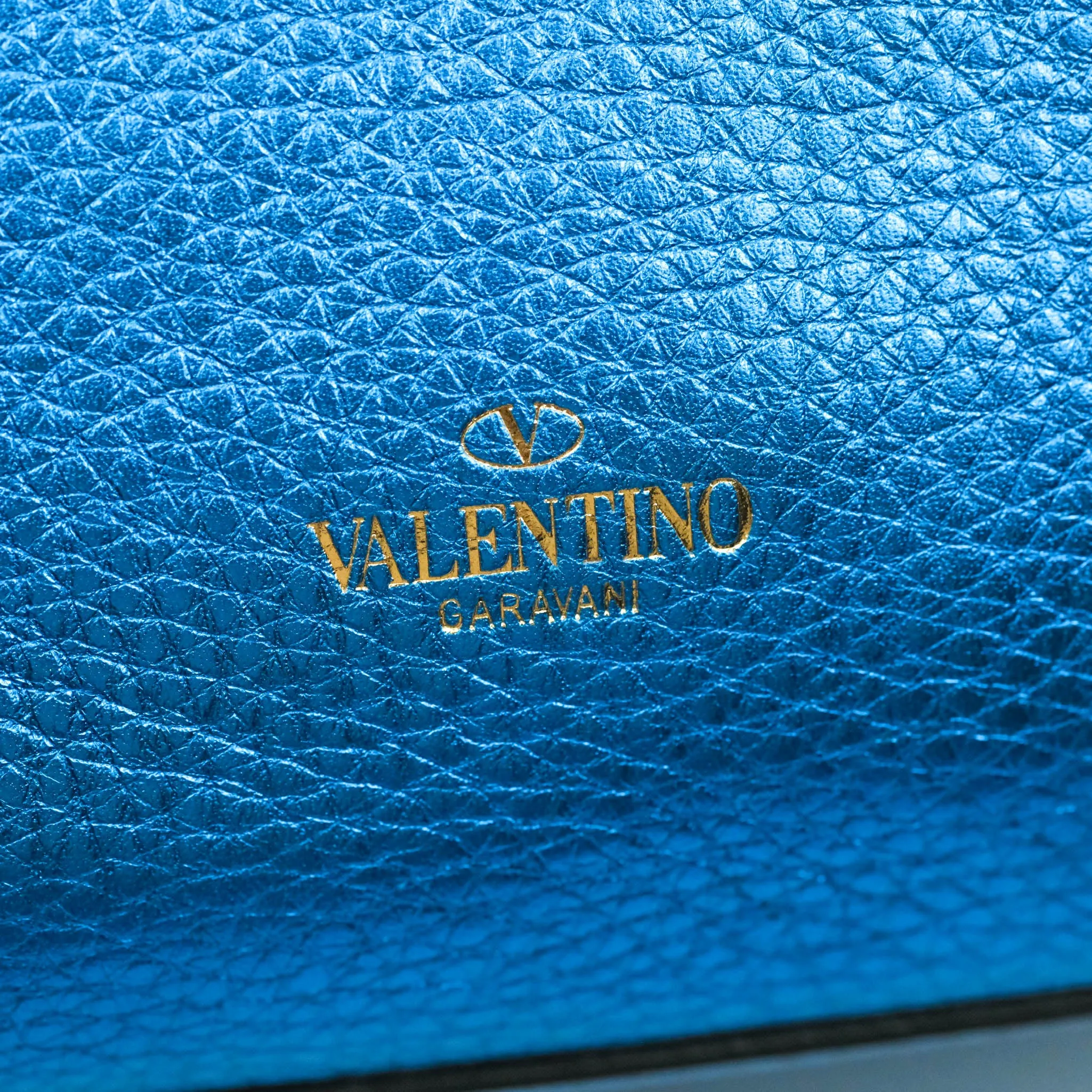 Valentino Garavani Small Trapeze Rockstud Metallic Blue Grained Calfskin Gold Hardware