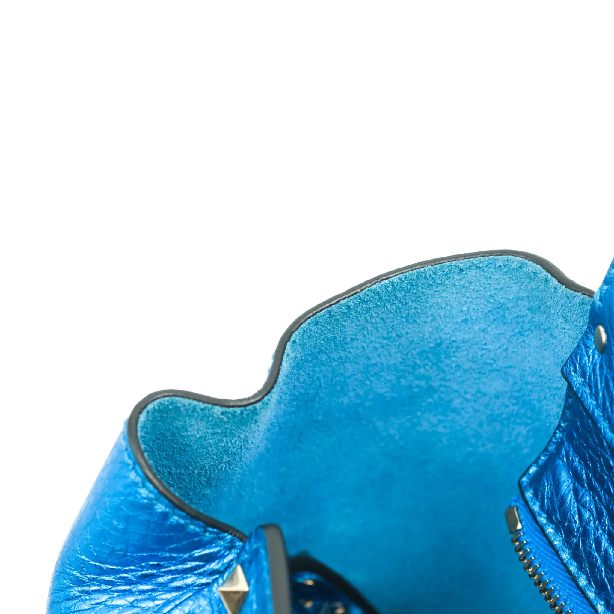 Valentino Garavani Small Trapeze Rockstud Metallic Blue Grained Calfskin Gold Hardware