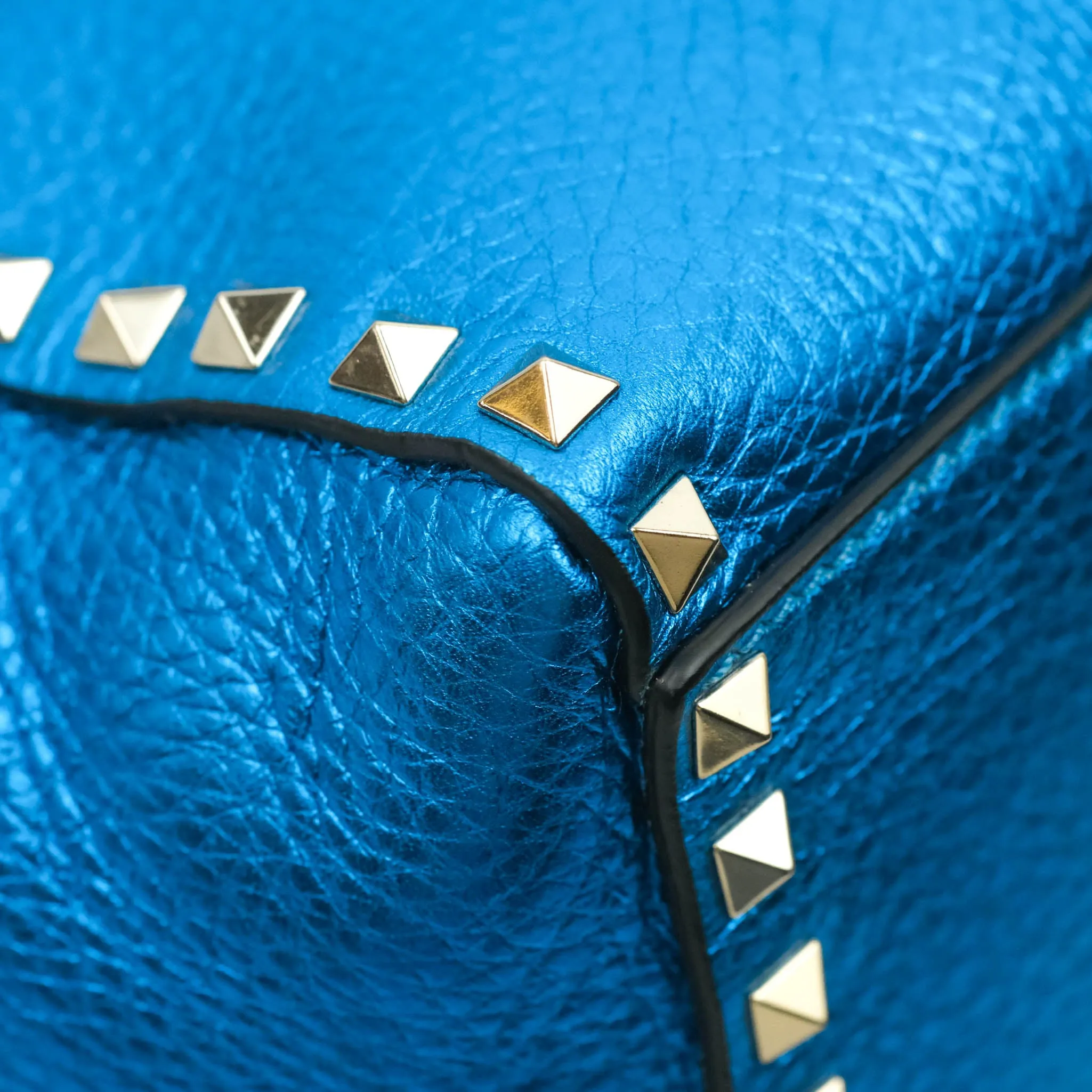 Valentino Garavani Small Trapeze Rockstud Metallic Blue Grained Calfskin Gold Hardware