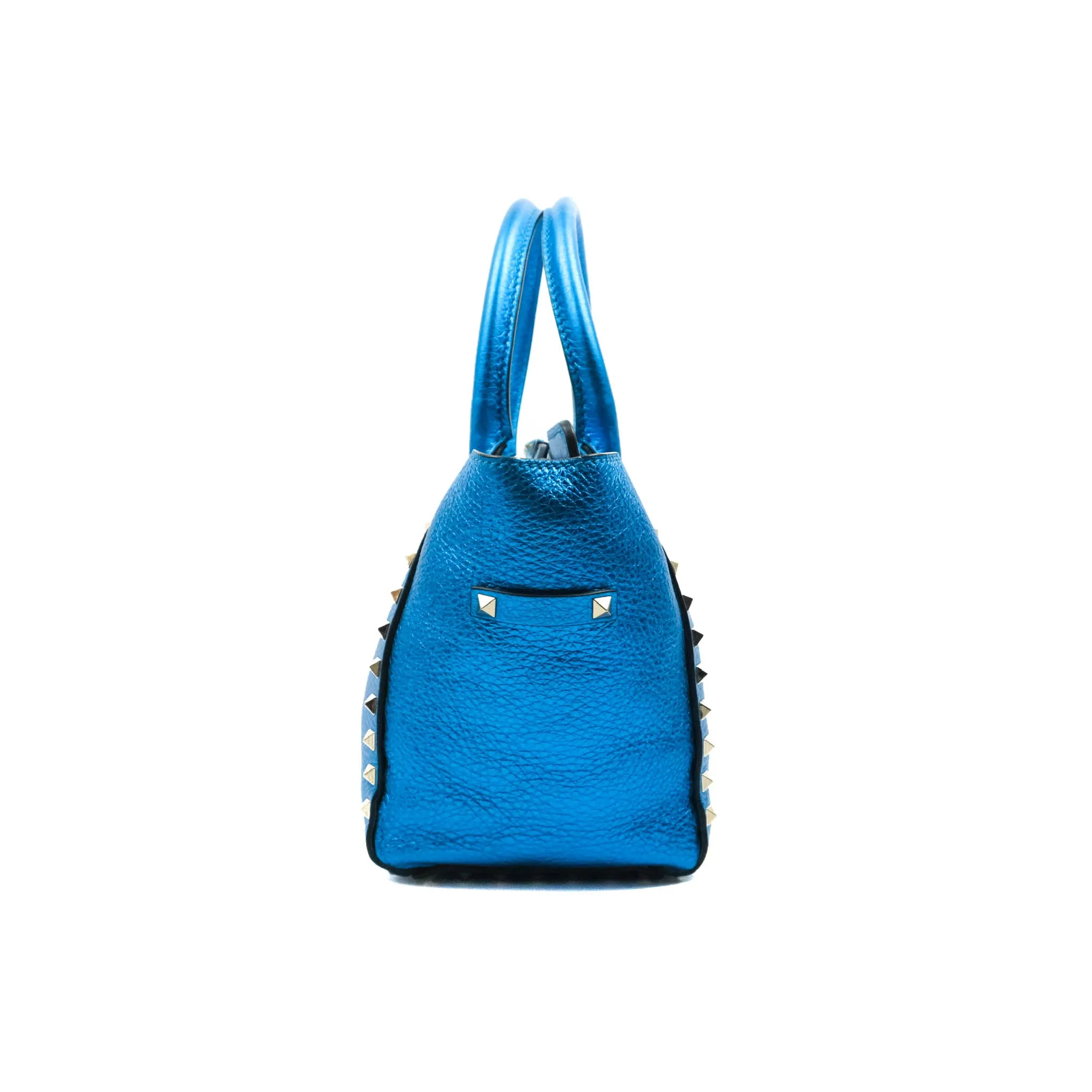 Valentino Garavani Small Trapeze Rockstud Metallic Blue Grained Calfskin Gold Hardware