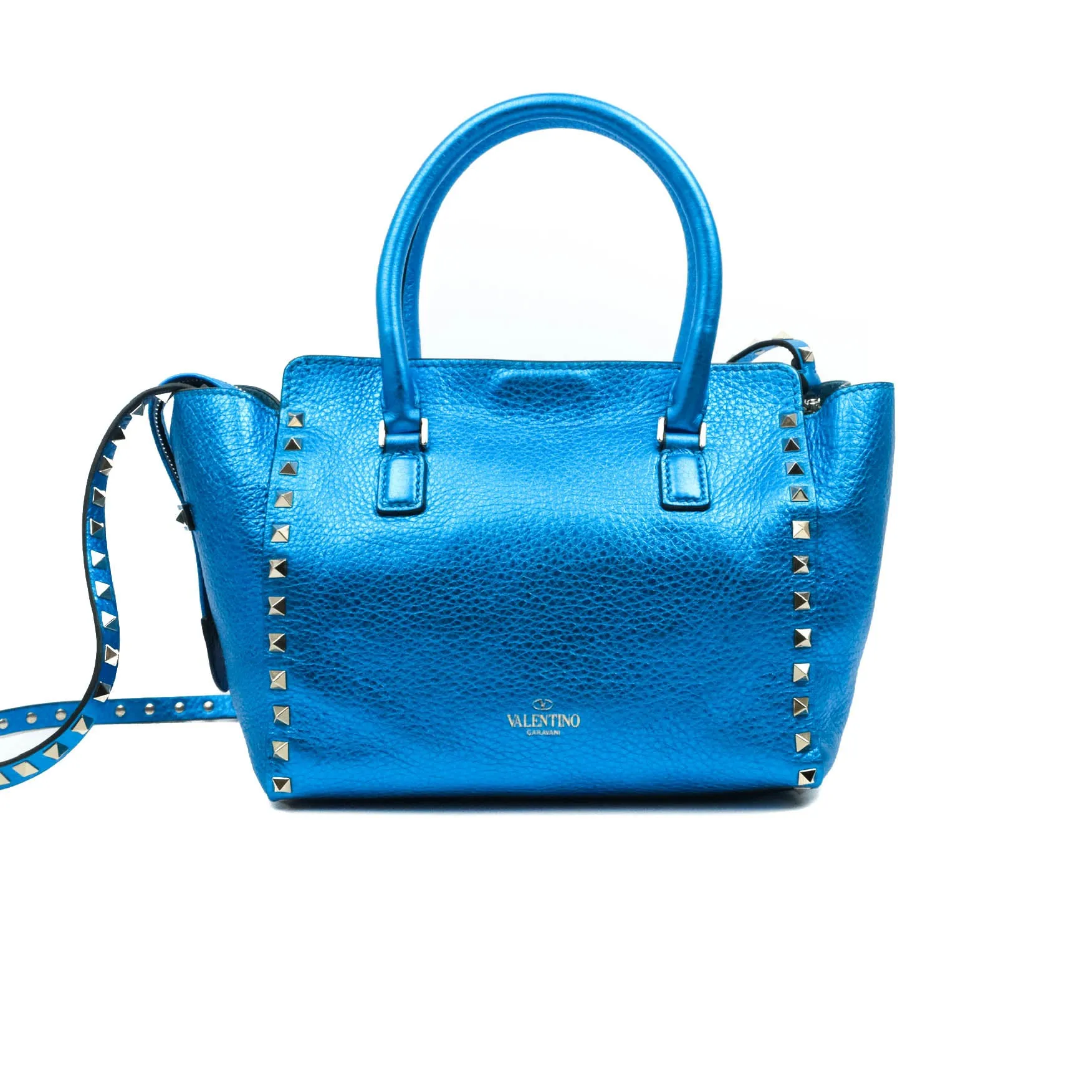 Valentino Garavani Small Trapeze Rockstud Metallic Blue Grained Calfskin Gold Hardware