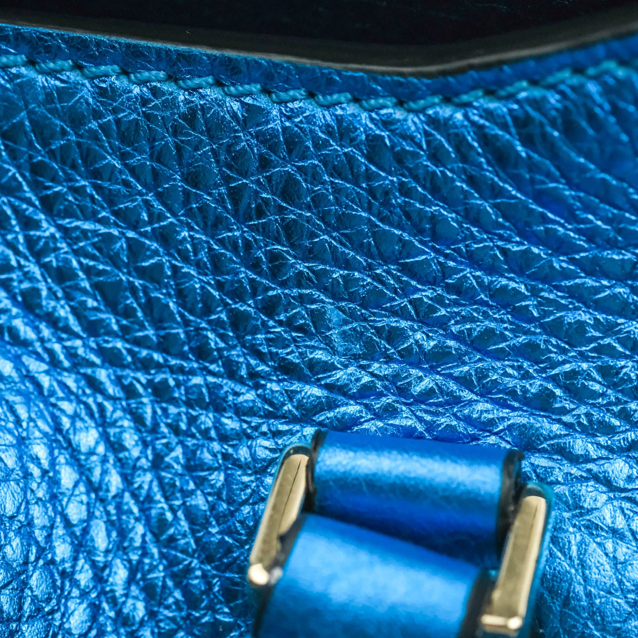 Valentino Garavani Small Trapeze Rockstud Metallic Blue Grained Calfskin Gold Hardware