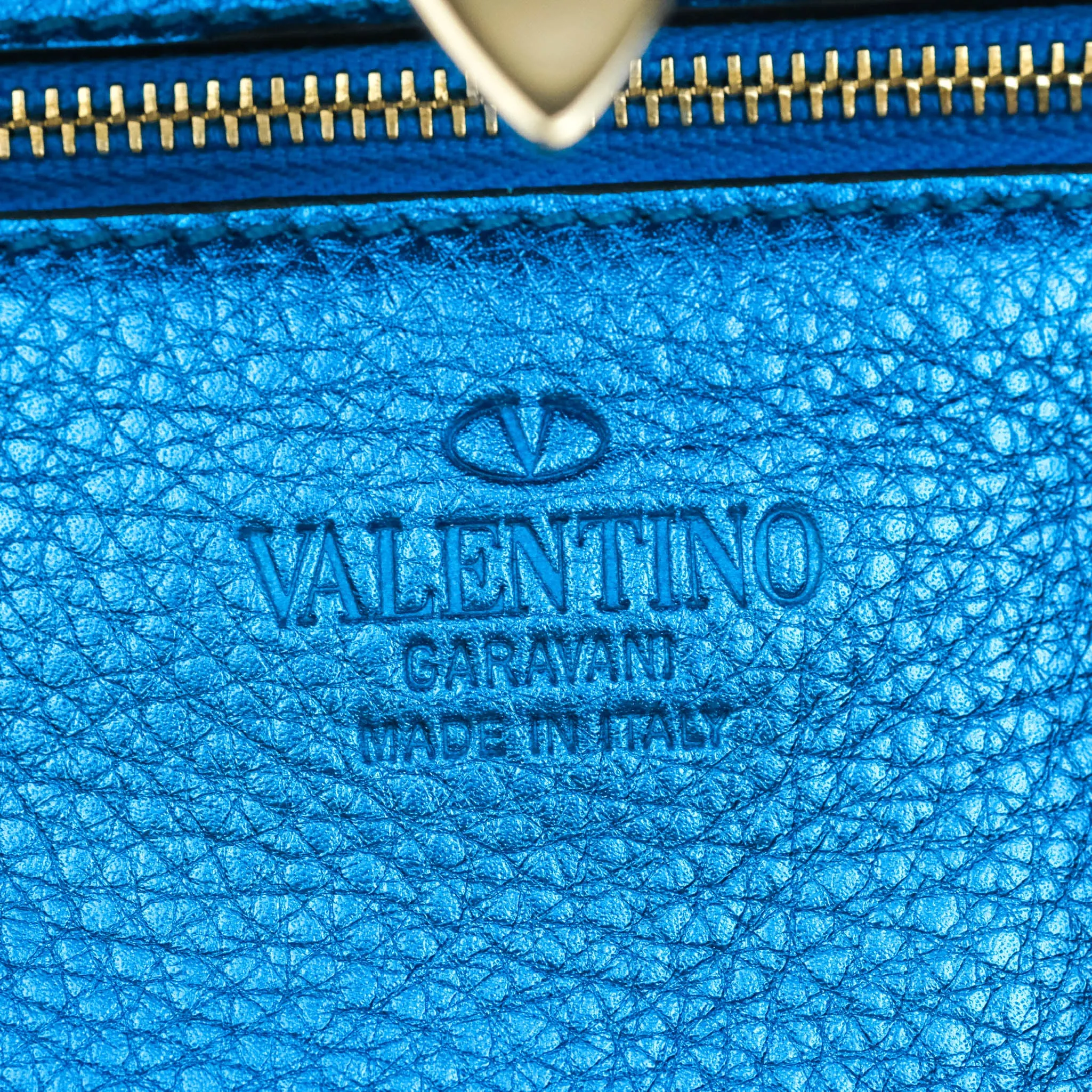 Valentino Garavani Small Trapeze Rockstud Metallic Blue Grained Calfskin Gold Hardware