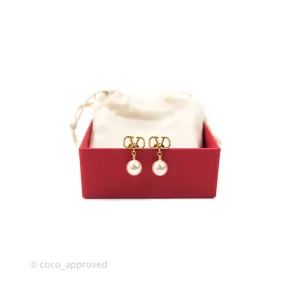 Valentino Logo Pearl Drop Earrings Gold Tone