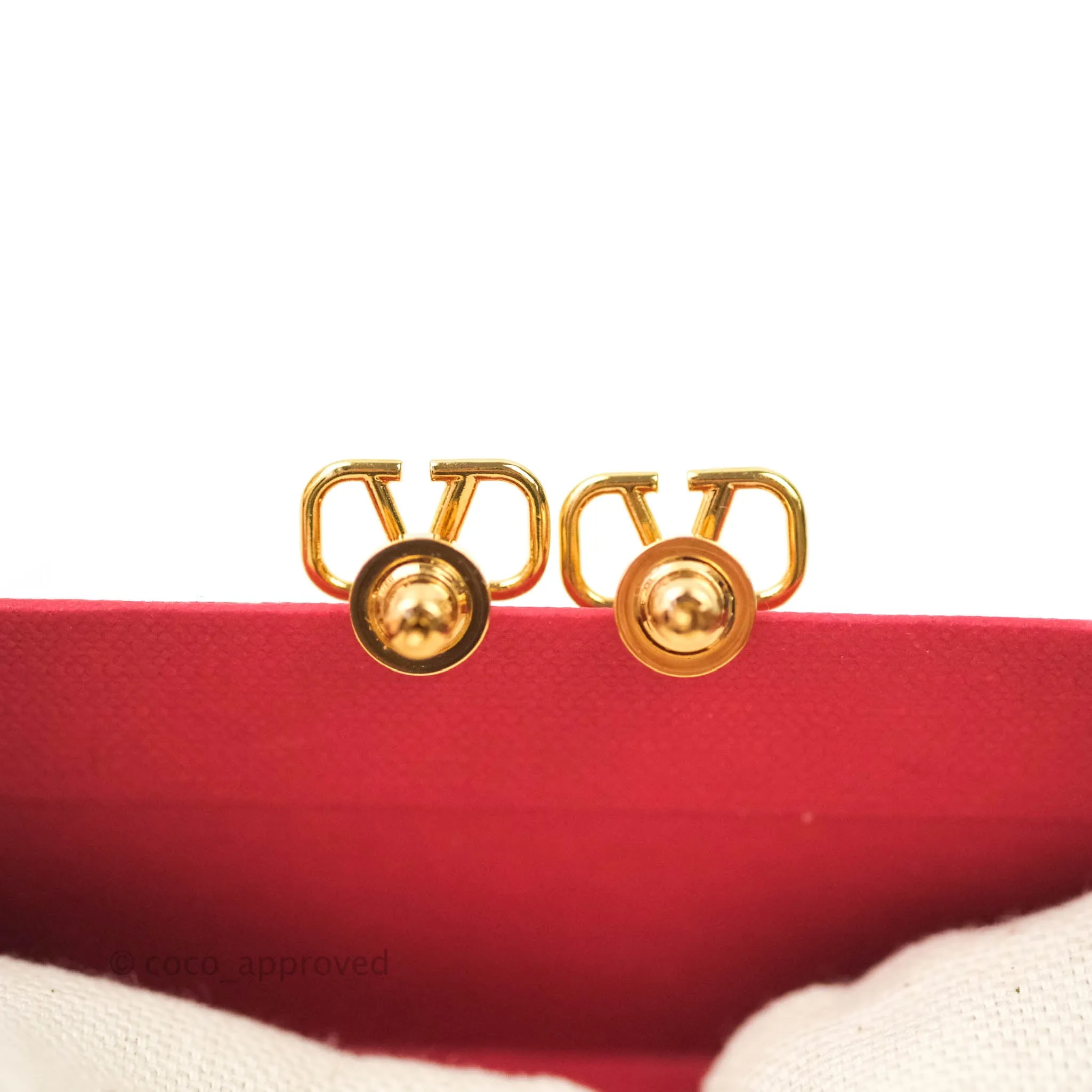 Valentino Logo Pearl Drop Earrings Gold Tone