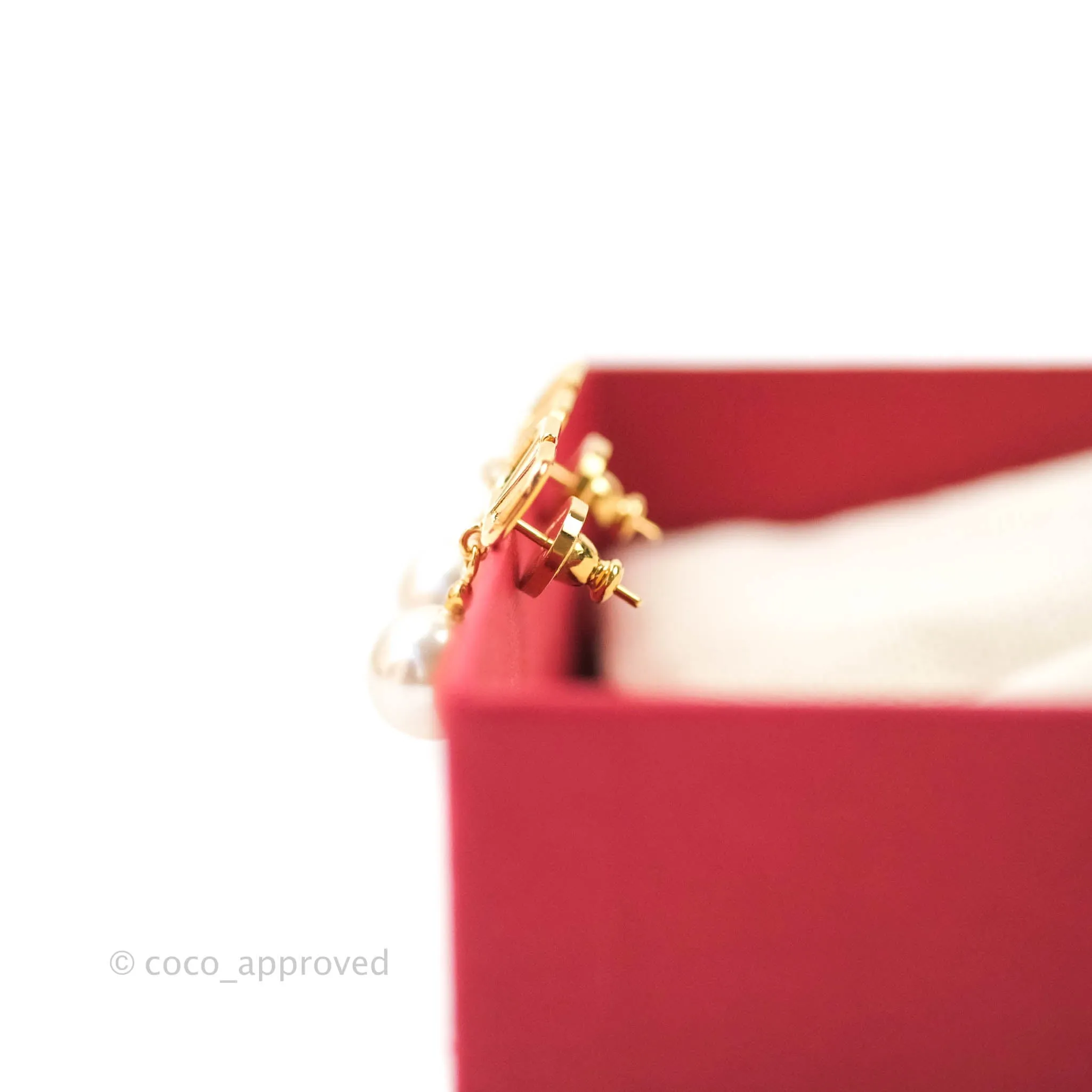 Valentino Logo Pearl Drop Earrings Gold Tone